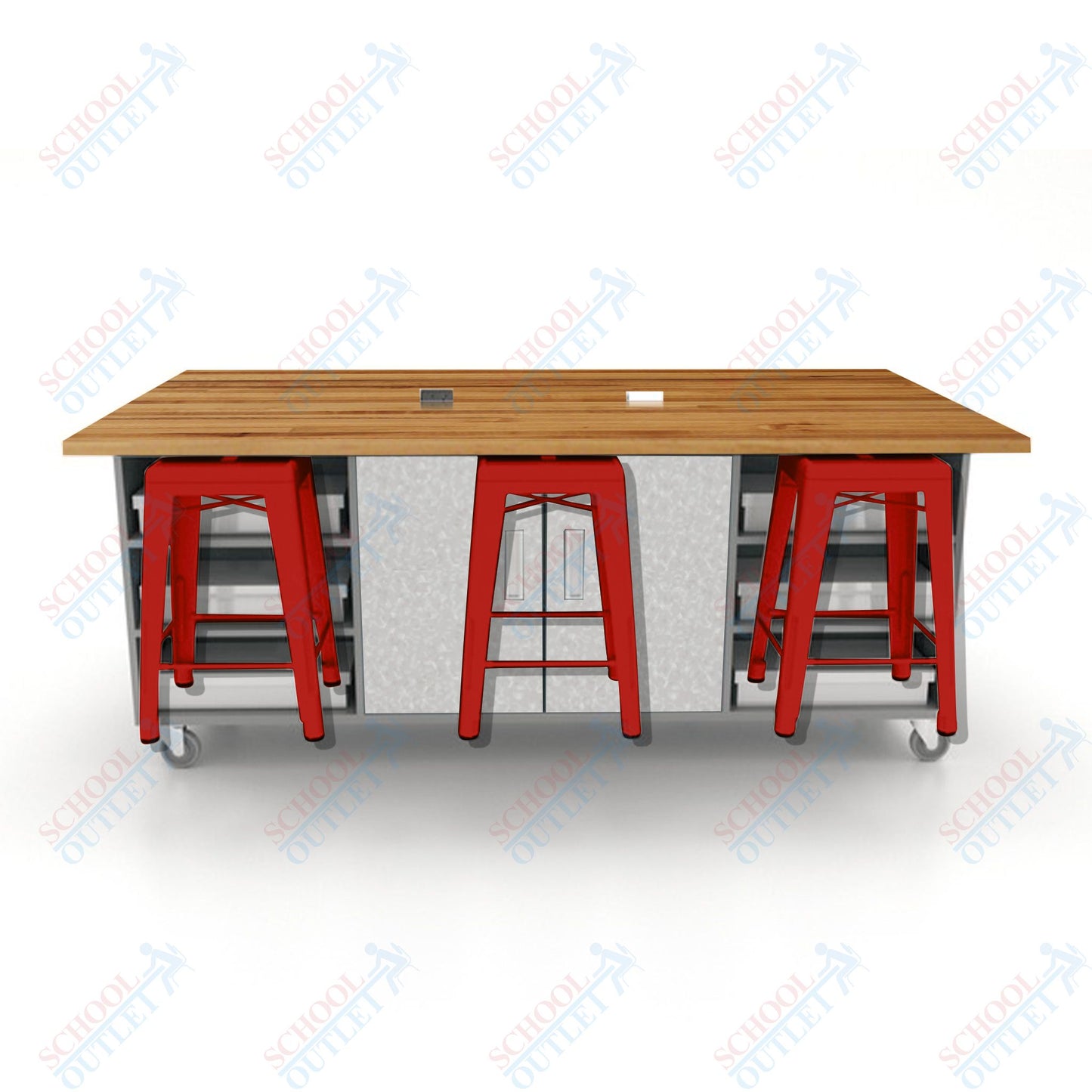 CEF ED Double Table 36"H Butcher Block Top, Laminate Base with  6 Stools, Storage bins, and Electrical Outlets Included.