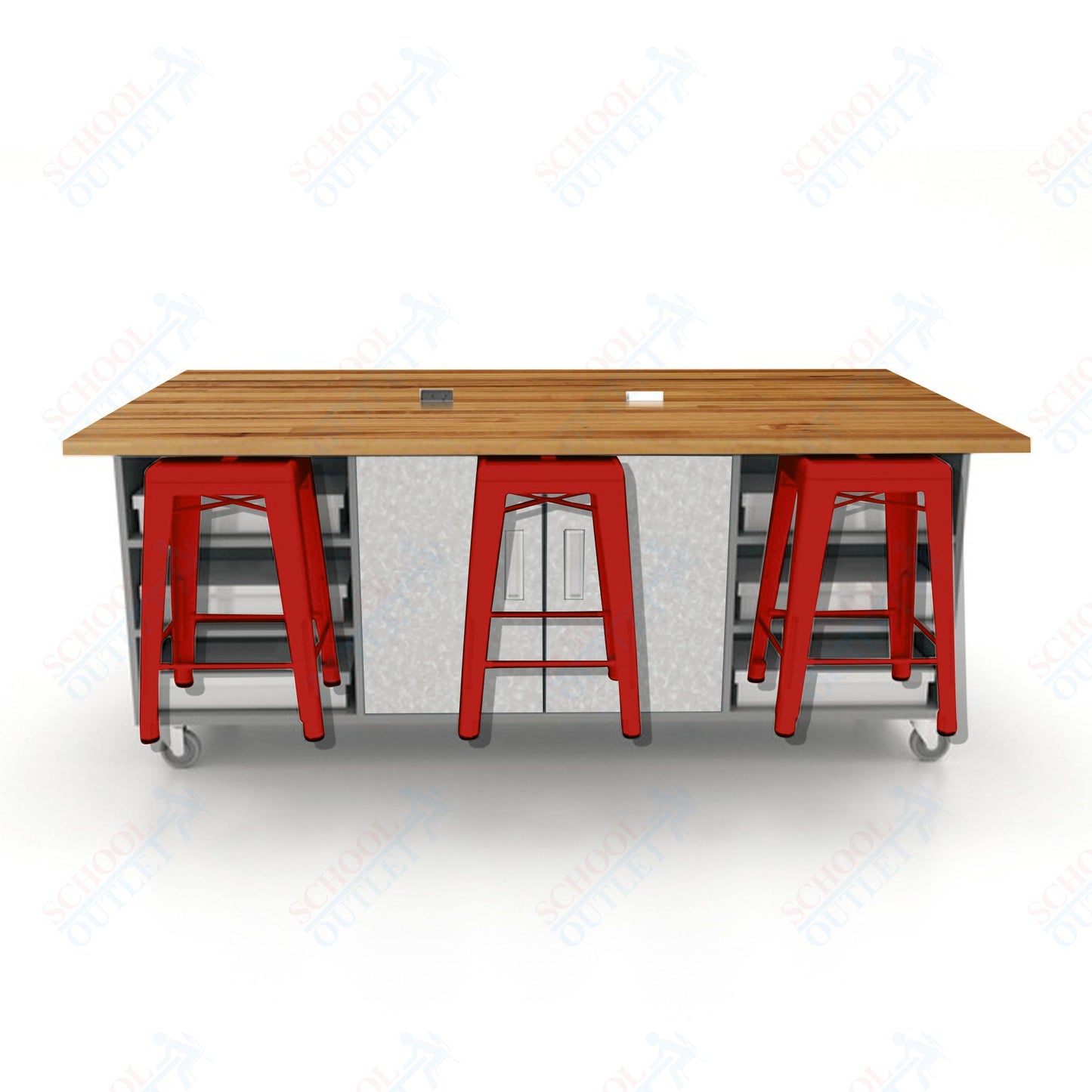 CEF ED Double Table 36"H Butcher Block Top, Laminate Base with  6 Stools, Storage bins, and Electrical Outlets Included.