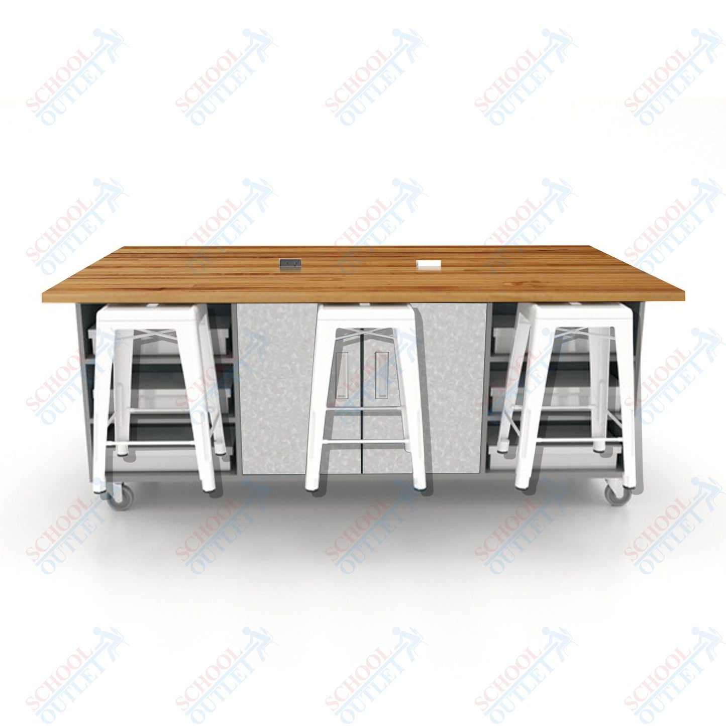 CEF ED Double Table 36"H Butcher Block Top, Laminate Base with  6 Stools, Storage bins, and Electrical Outlets Included.