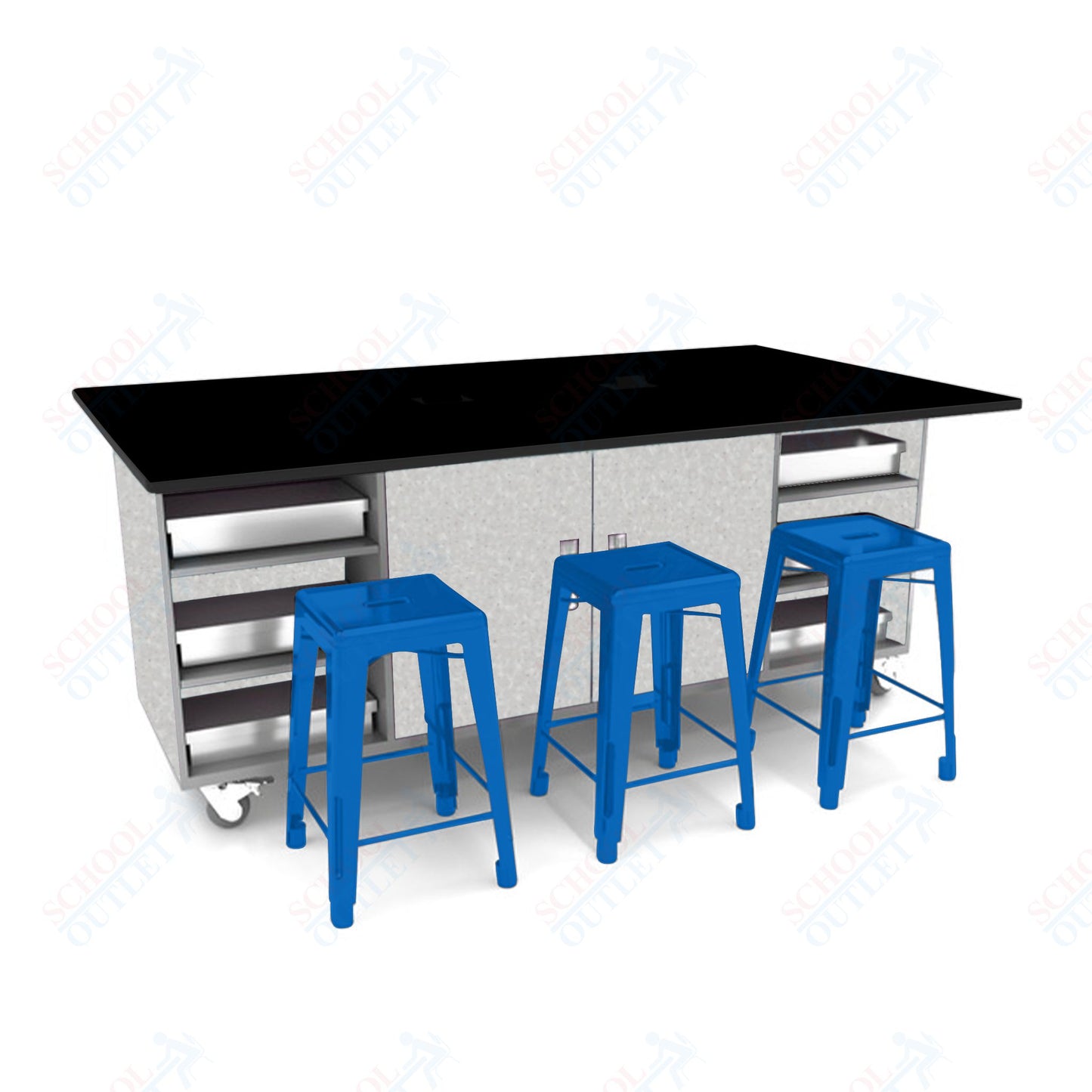 CEF ED Double Table 36"H Tough Top, Laminate Base with  6 Stools, Storage bins, and Electrical Outlets Included.