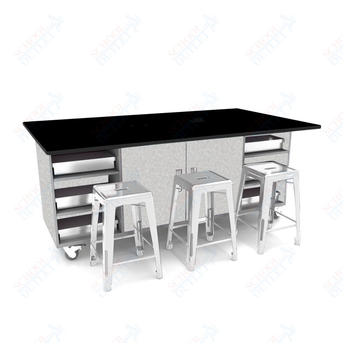 CEF ED Double Table 36"H Tough Top, Laminate Base with  6 Stools, Storage bins, and Electrical Outlets Included.