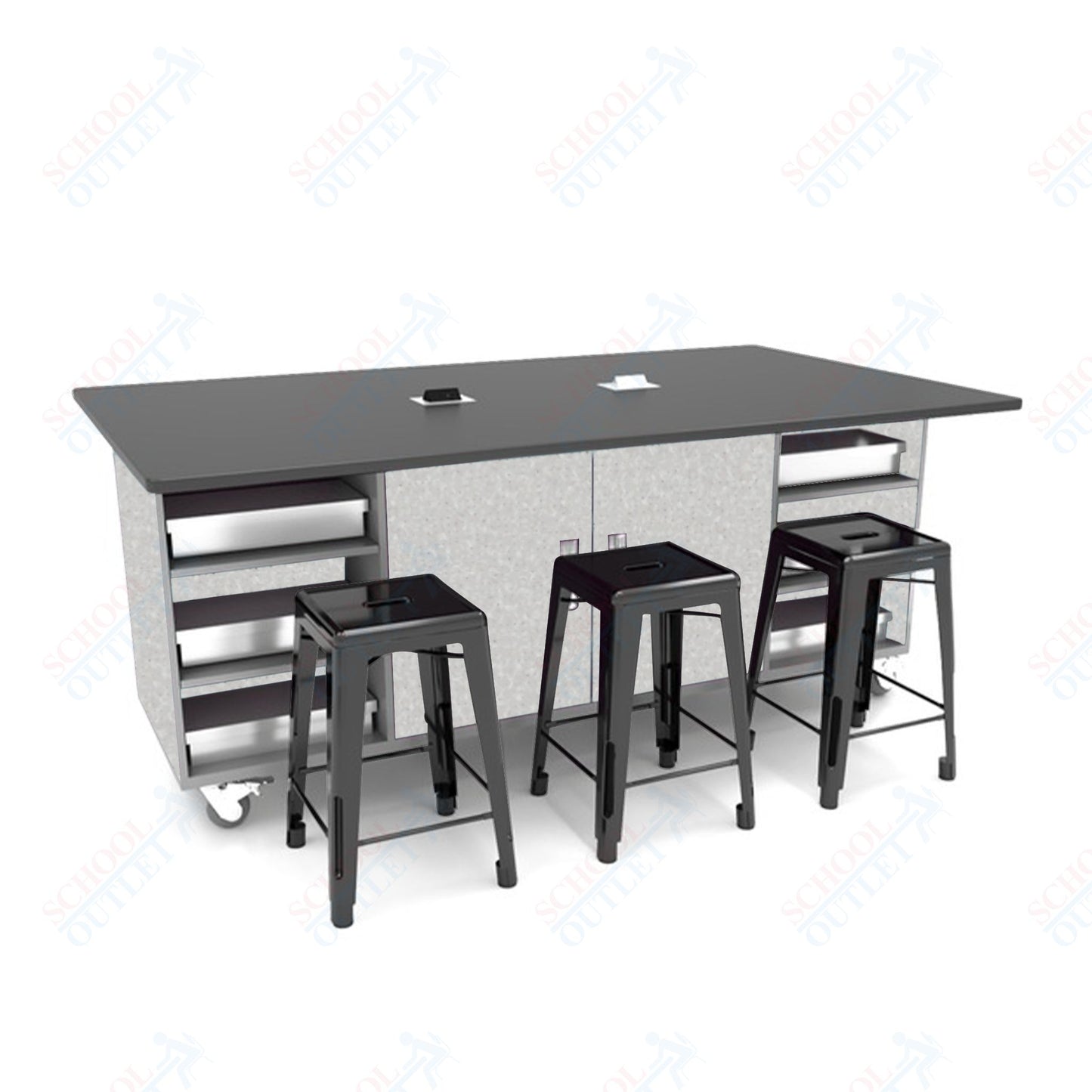 CEF ED Double Table 36"H Tough Top, Laminate Base with  6 Stools, Storage bins, and Electrical Outlets Included.