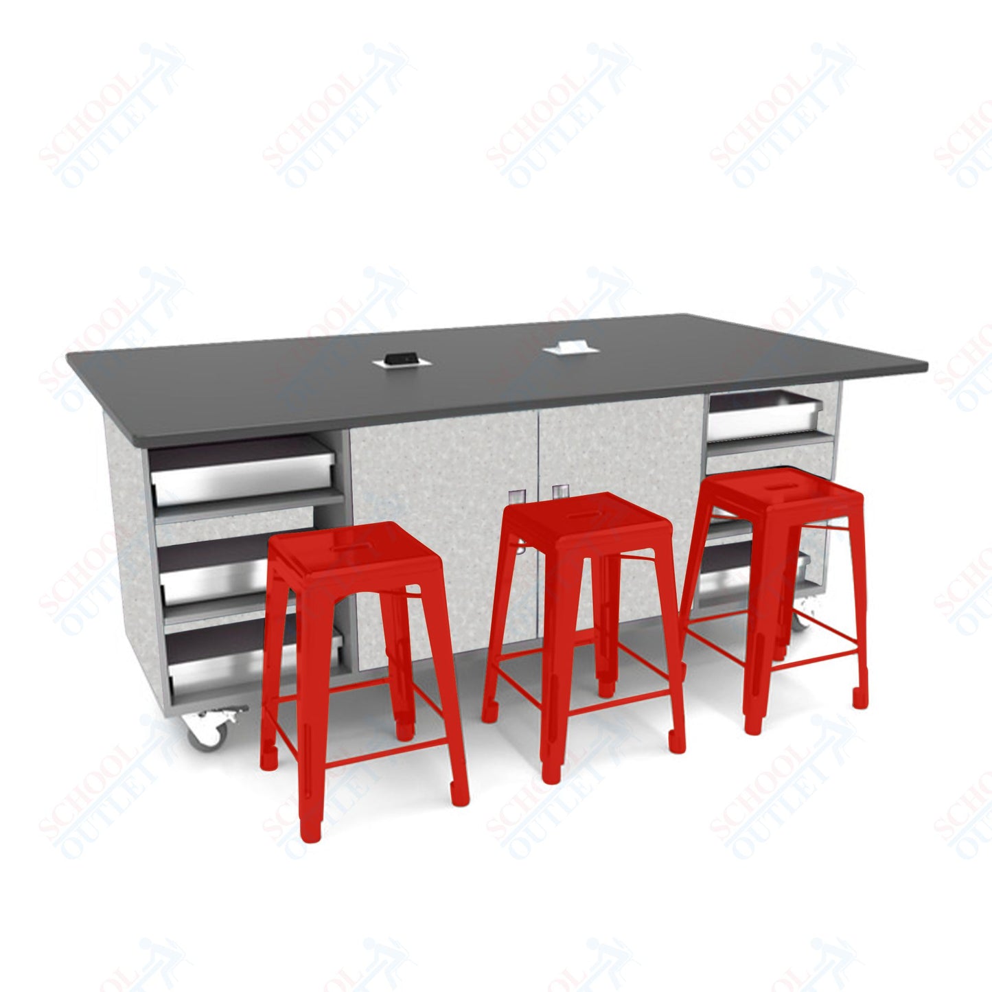 CEF ED Double Table 36"H Tough Top, Laminate Base with  6 Stools, Storage bins, and Electrical Outlets Included.