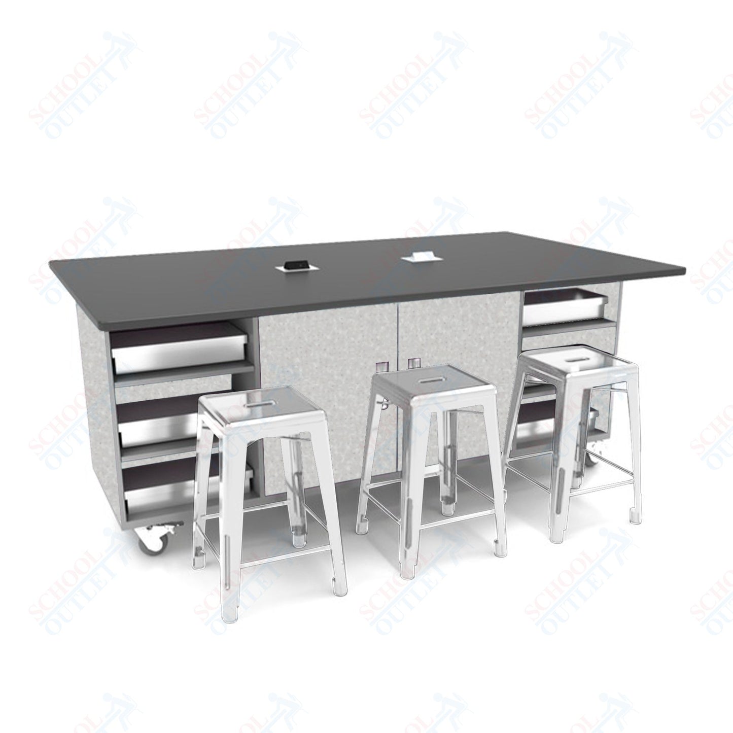 CEF ED Double Table 36"H Tough Top, Laminate Base with  6 Stools, Storage bins, and Electrical Outlets Included.