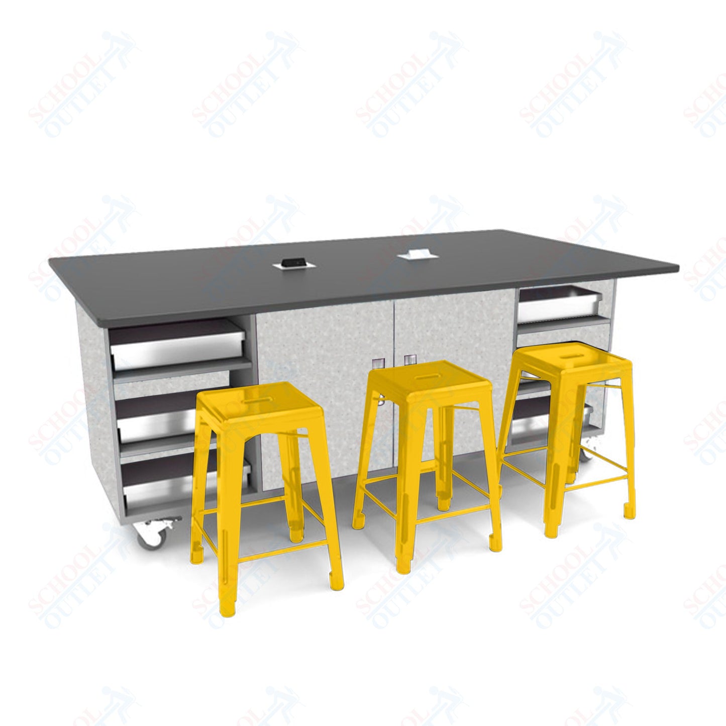 CEF ED Double Table 36"H Tough Top, Laminate Base with  6 Stools, Storage bins, and Electrical Outlets Included.