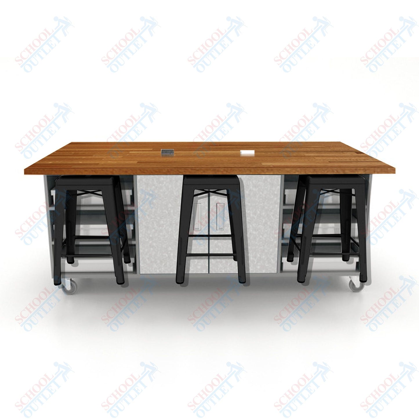 CEF ED Double Table 36"H Butcher Block Top, Laminate Base with  6 Stools, Storage bins, and Electrical Outlets Included.