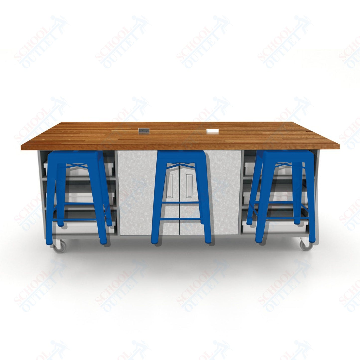 CEF ED Double Table 36"H Butcher Block Top, Laminate Base with  6 Stools, Storage bins, and Electrical Outlets Included.