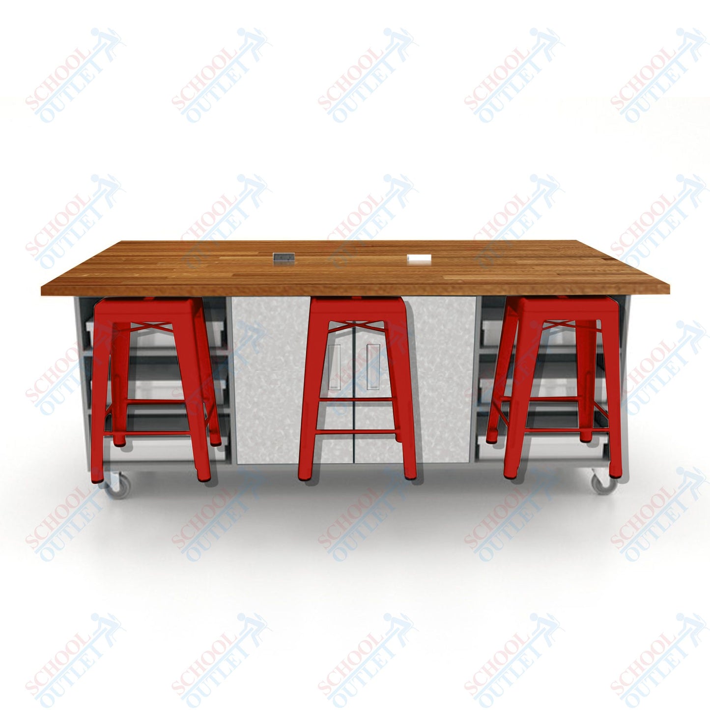 CEF ED Double Table 36"H Butcher Block Top, Laminate Base with  6 Stools, Storage bins, and Electrical Outlets Included.