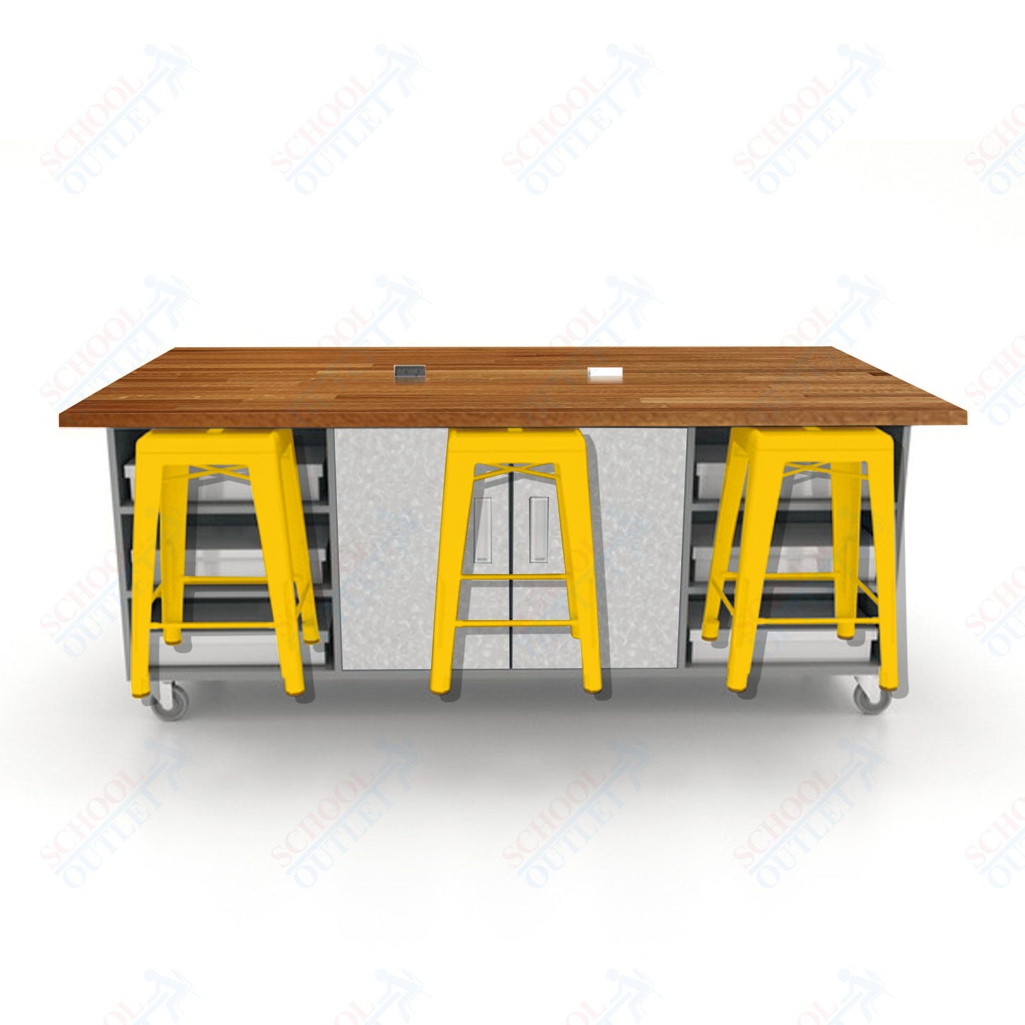 CEF ED Double Table 36"H Butcher Block Top, Laminate Base with  6 Stools, Storage bins, and Electrical Outlets Included.