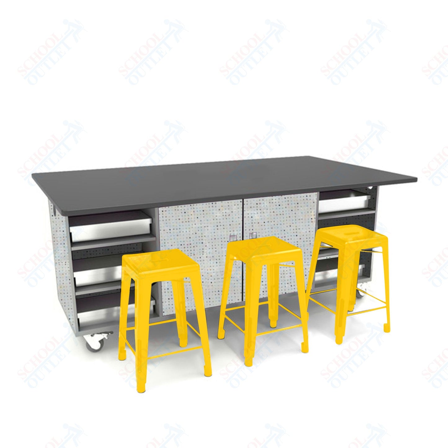 CEF ED Double Table 36"H Chemical Resistant Top, Laminate Base with  6 Stools, Storage bins, and Electrical Outlets Included.