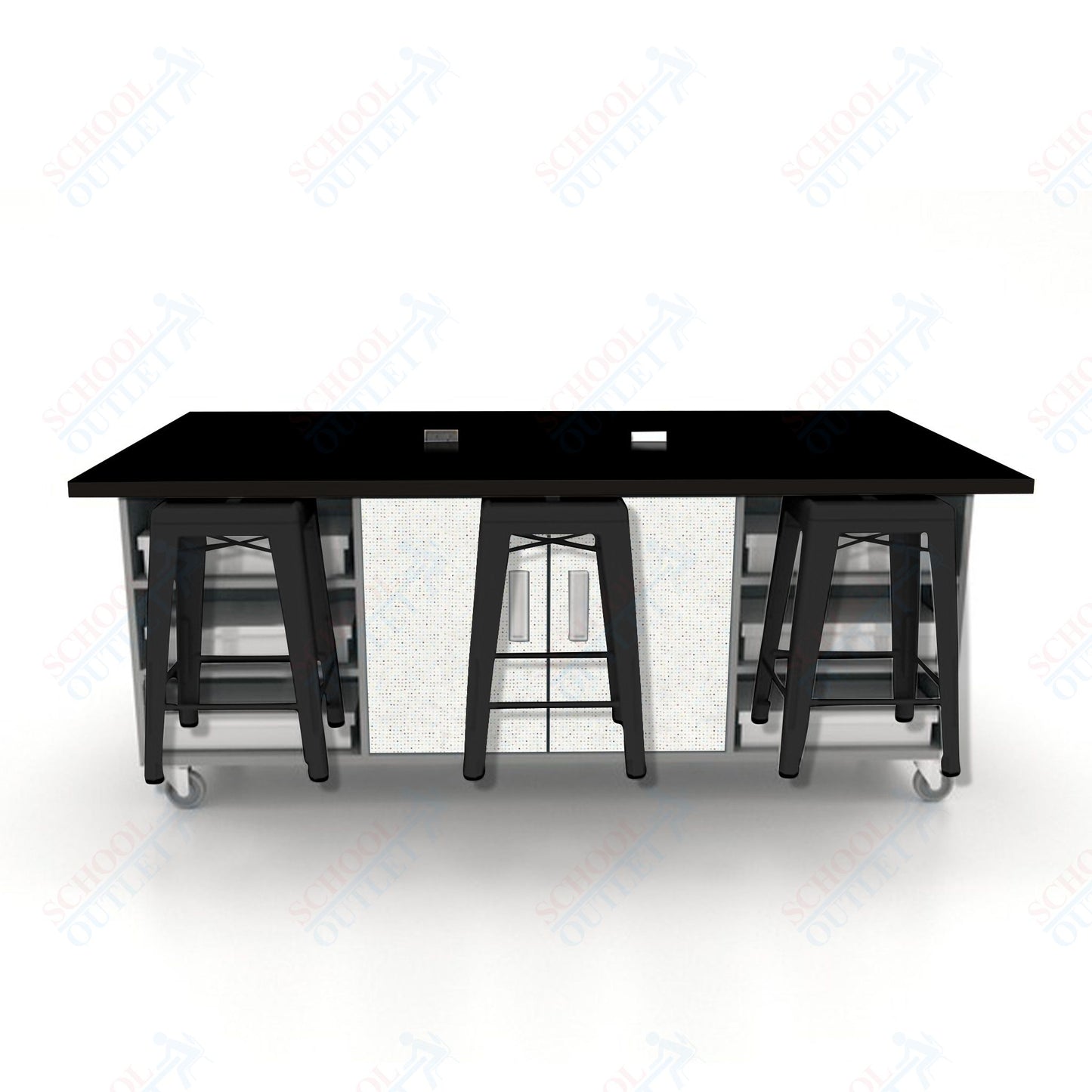 CEF ED Double Table 36"H High Pressure Laminate Top, Laminate Base with  6 Stools, Storage bins, and Electrical Outlets Included.