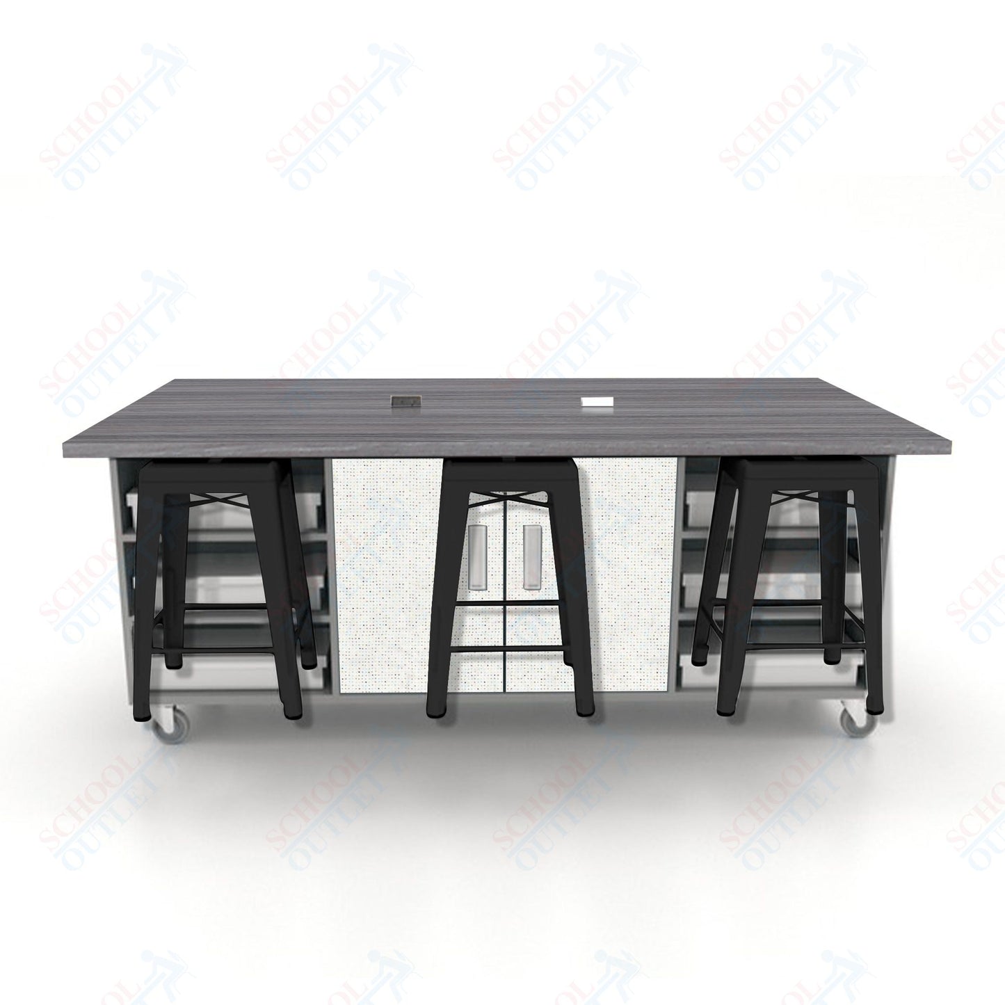 CEF ED Double Table 36"H High Pressure Laminate Top, Laminate Base with  6 Stools, Storage bins, and Electrical Outlets Included.