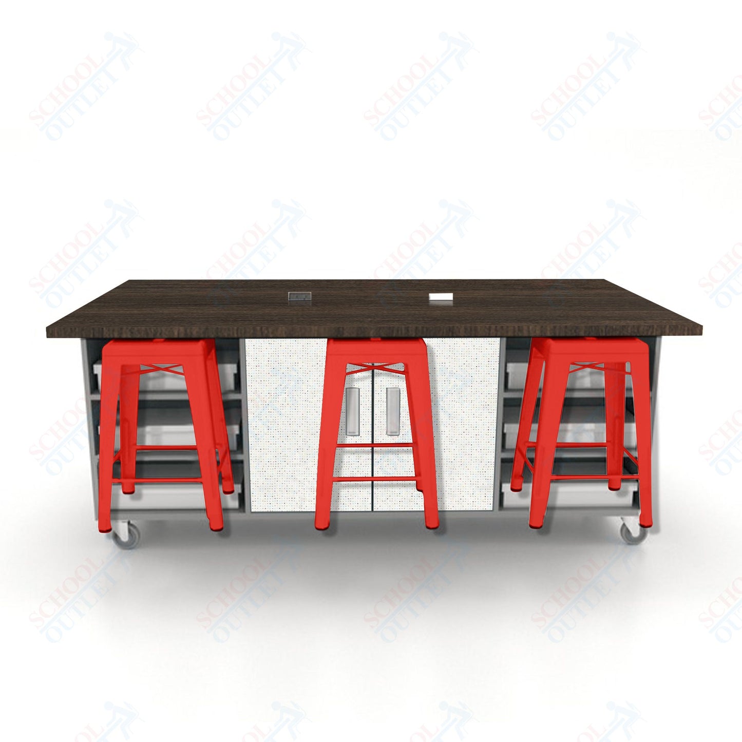 CEF ED Double Table 36"H High Pressure Laminate Top, Laminate Base with  6 Stools, Storage bins, and Electrical Outlets Included.