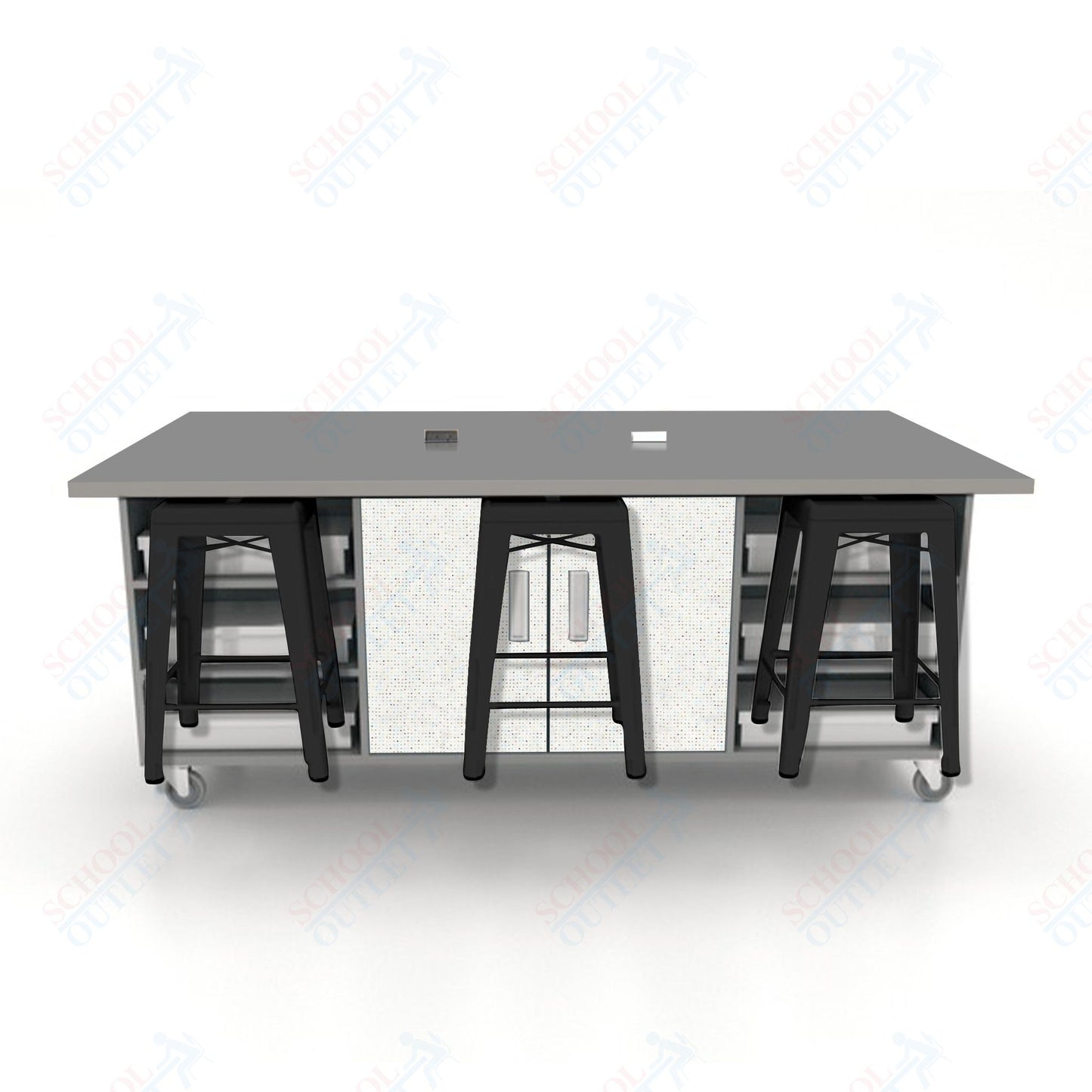 CEF ED Double Table 36"H High Pressure Laminate Top, Laminate Base with  6 Stools, Storage bins, and Electrical Outlets Included.