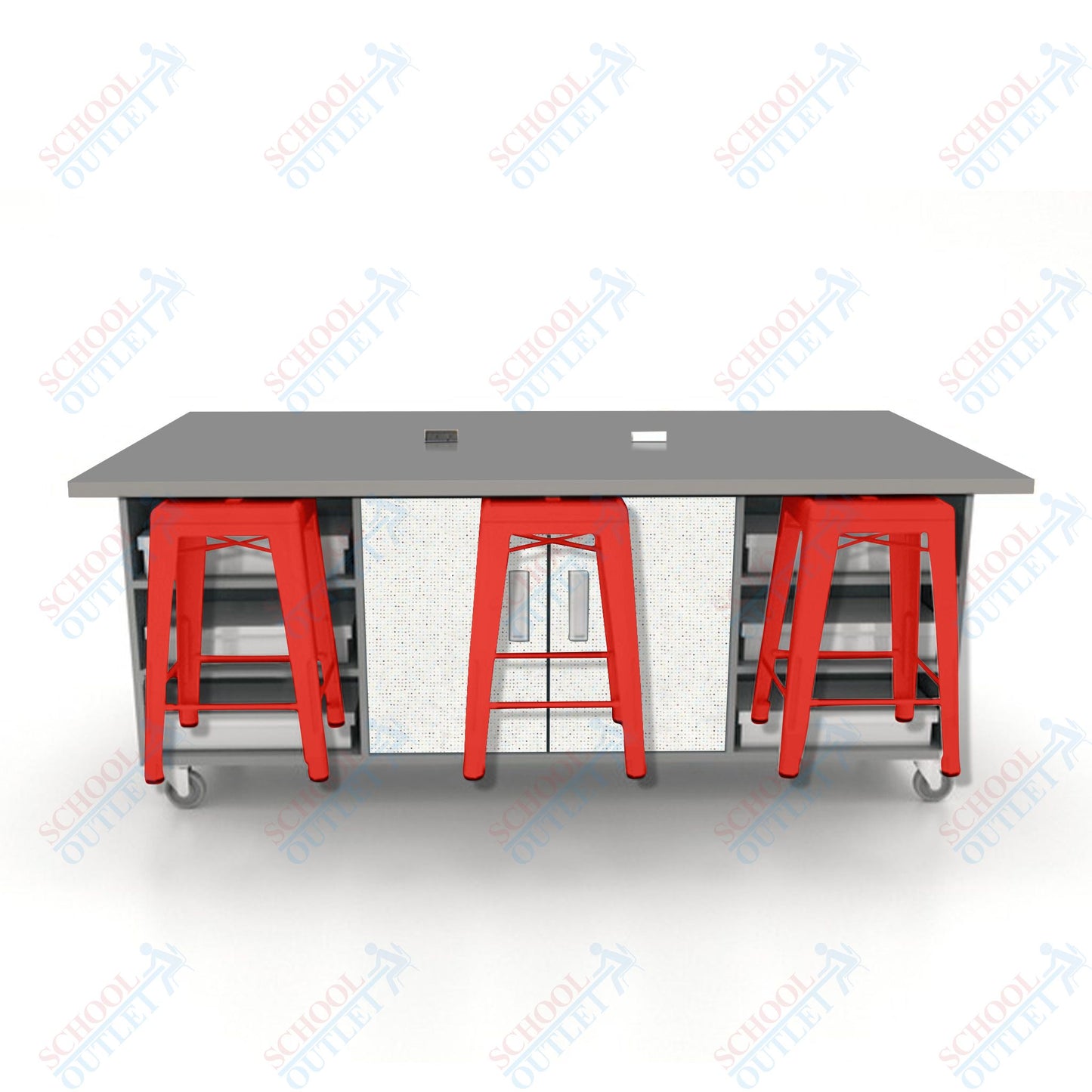 CEF ED Double Table 36"H High Pressure Laminate Top, Laminate Base with  6 Stools, Storage bins, and Electrical Outlets Included.