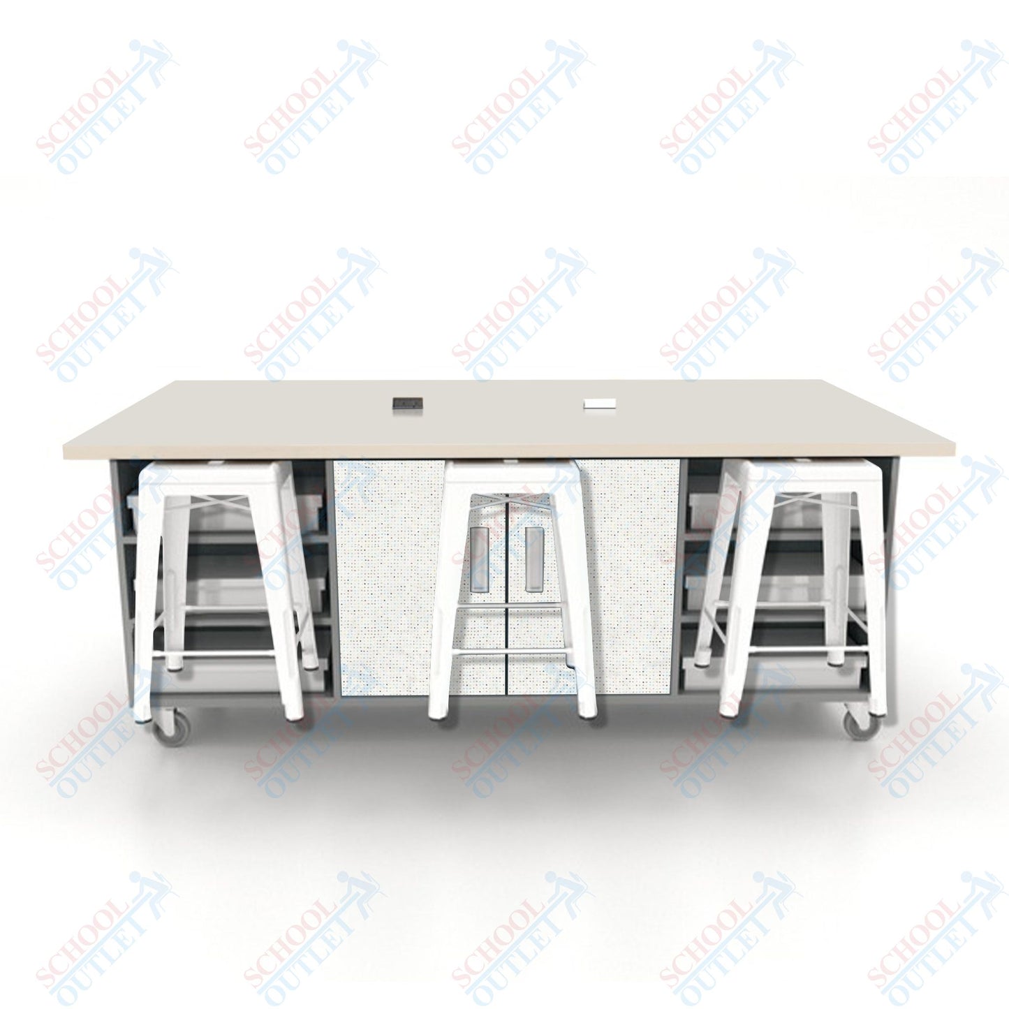 CEF ED Double Table 36"H High Pressure Laminate Top, Laminate Base with  6 Stools, Storage bins, and Electrical Outlets Included.