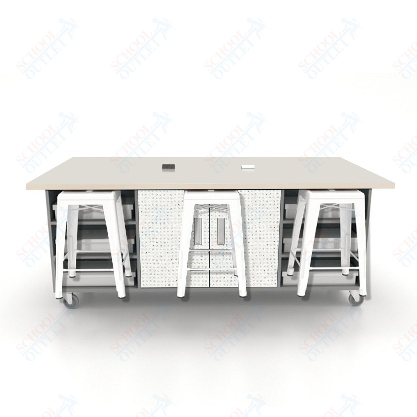 CEF ED Double Table 36"H High Pressure Laminate Top, Laminate Base with  6 Stools, Storage bins, and Electrical Outlets Included.