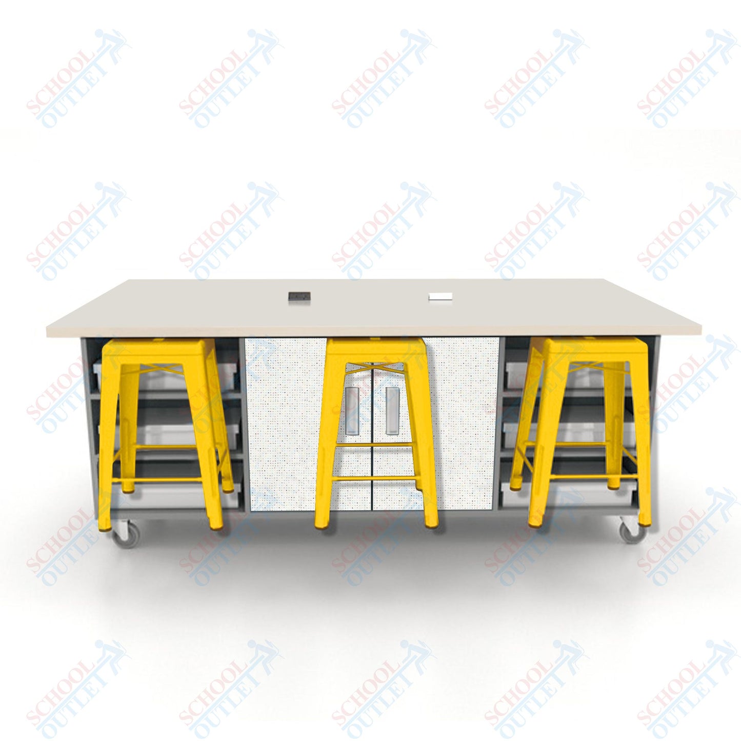 CEF ED Double Table 36"H High Pressure Laminate Top, Laminate Base with  6 Stools, Storage bins, and Electrical Outlets Included.