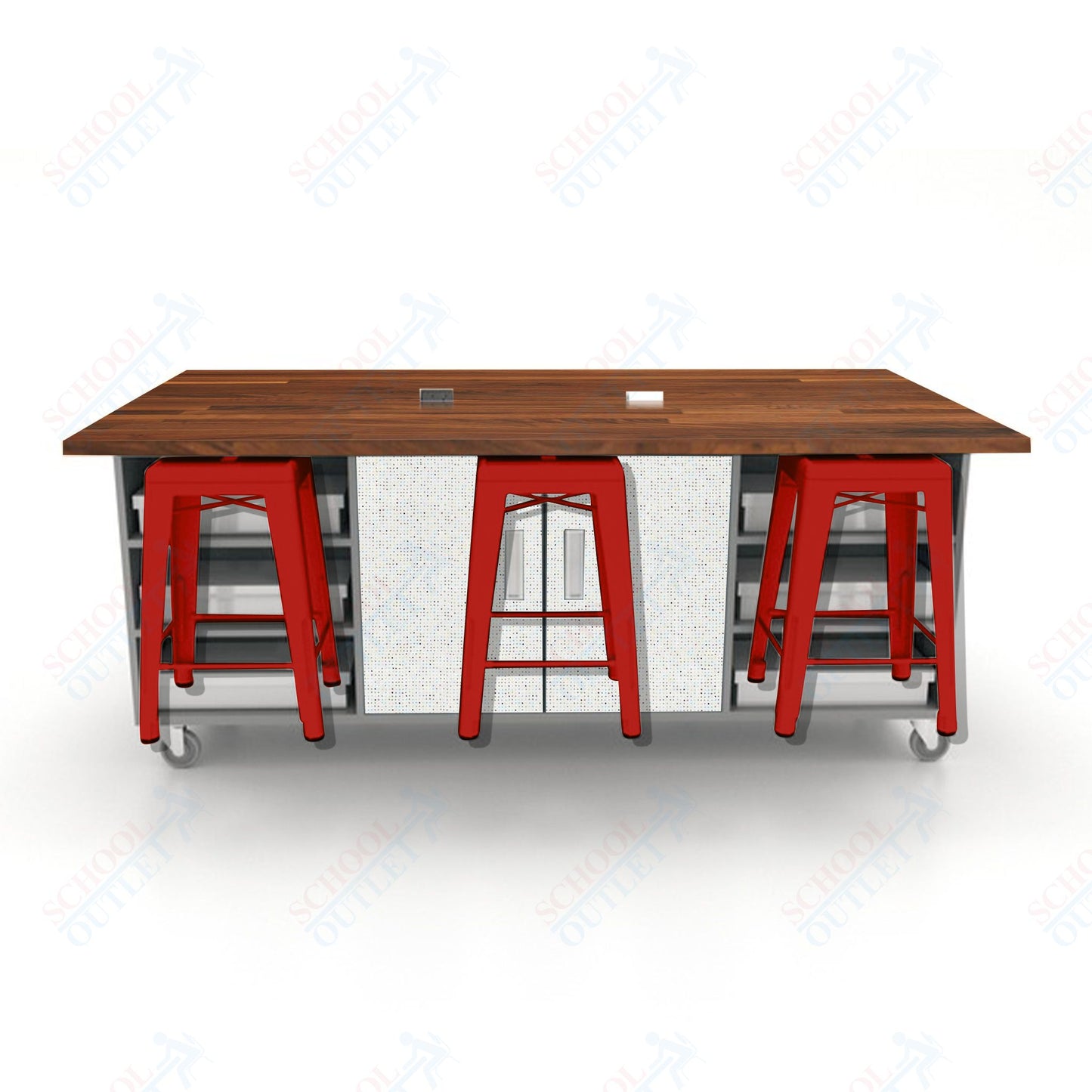 CEF ED Double Table 36"H Butcher Block Top, Laminate Base with  6 Stools, Storage bins, and Electrical Outlets Included.