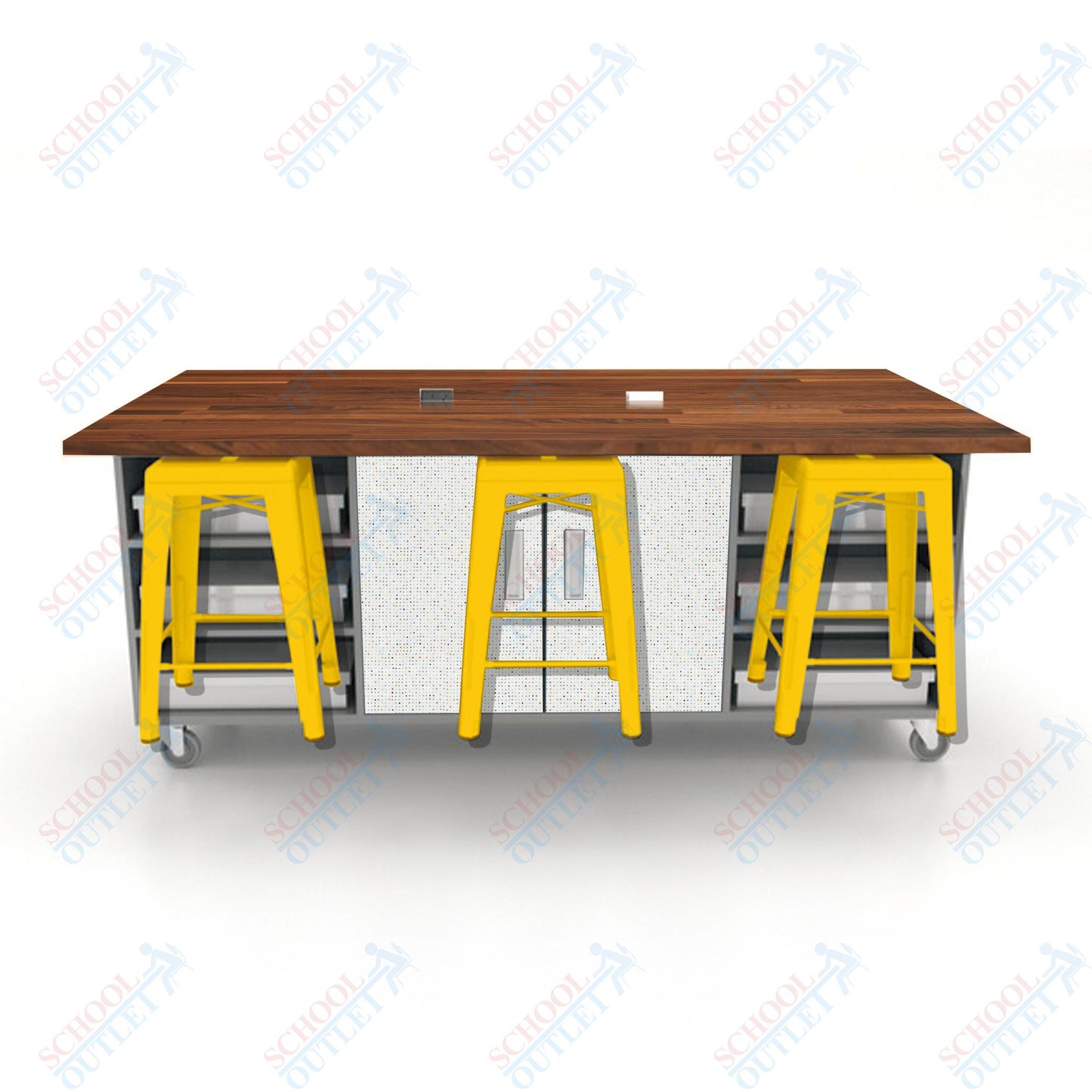 CEF ED Double Table 36"H Butcher Block Top, Laminate Base with  6 Stools, Storage bins, and Electrical Outlets Included.