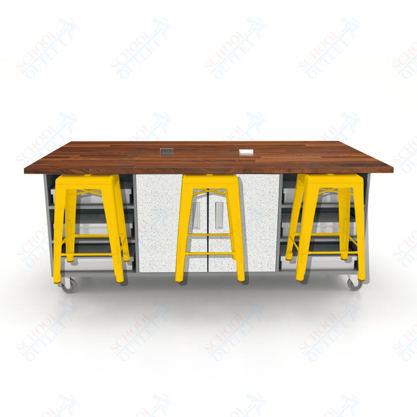 CEF ED Double Table 36"H Butcher Block Top, Laminate Base with  6 Stools, Storage bins, and Electrical Outlets Included.