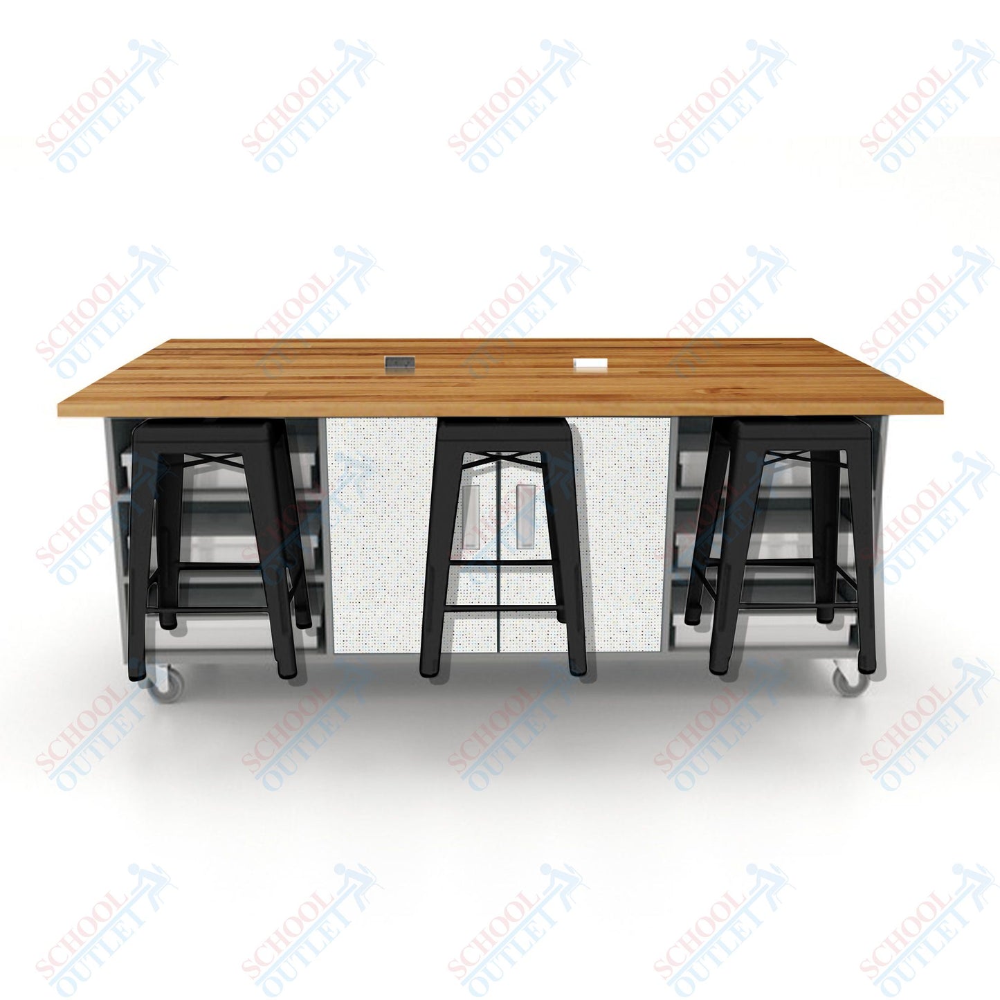 CEF ED Double Table 36"H Butcher Block Top, Laminate Base with  6 Stools, Storage bins, and Electrical Outlets Included.