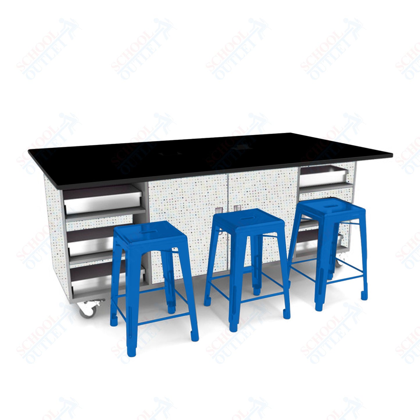CEF ED Double Table 36"H Tough Top, Laminate Base with  6 Stools, Storage bins, and Electrical Outlets Included.