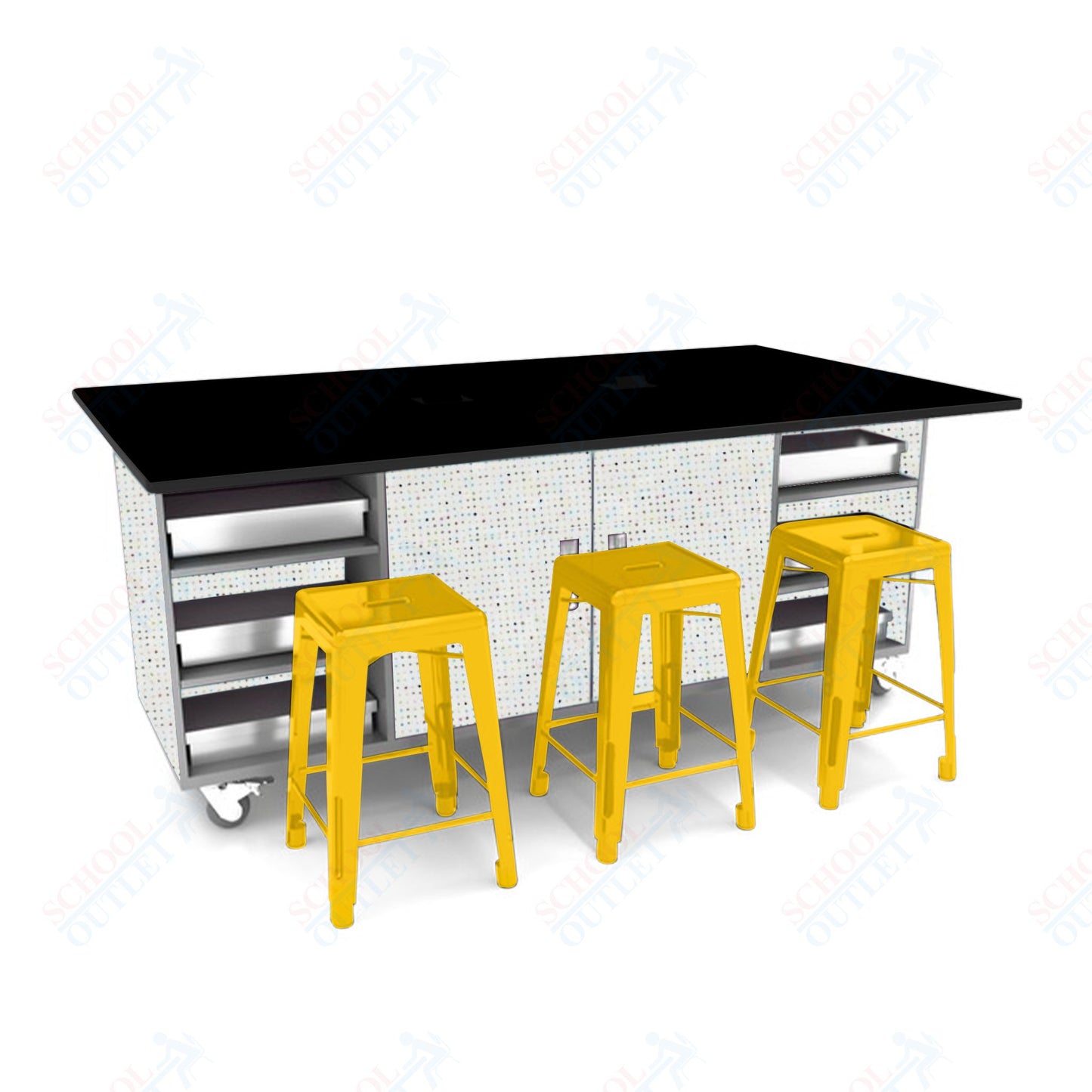 CEF ED Double Table 36"H Tough Top, Laminate Base with  6 Stools, Storage bins, and Electrical Outlets Included.