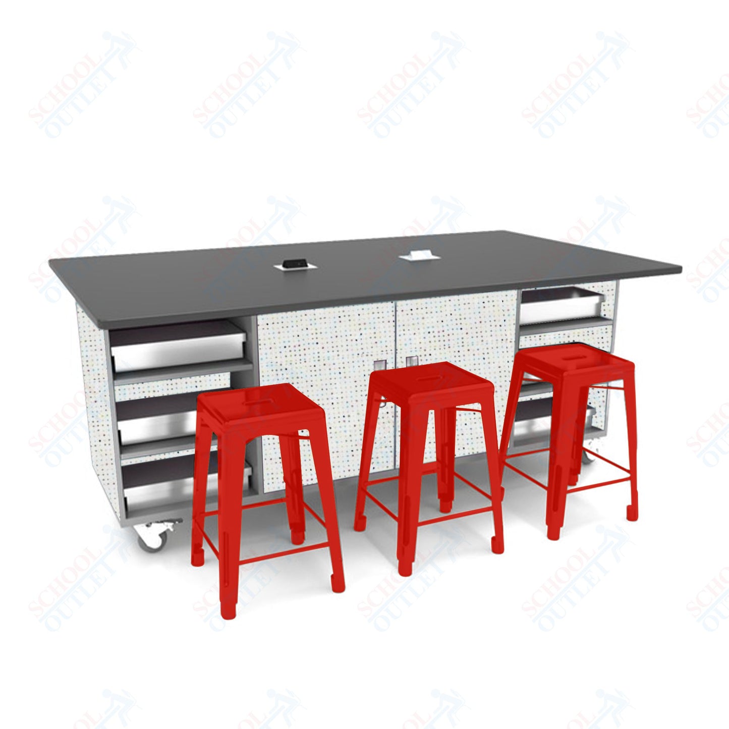 CEF ED Double Table 36"H Tough Top, Laminate Base with  6 Stools, Storage bins, and Electrical Outlets Included.