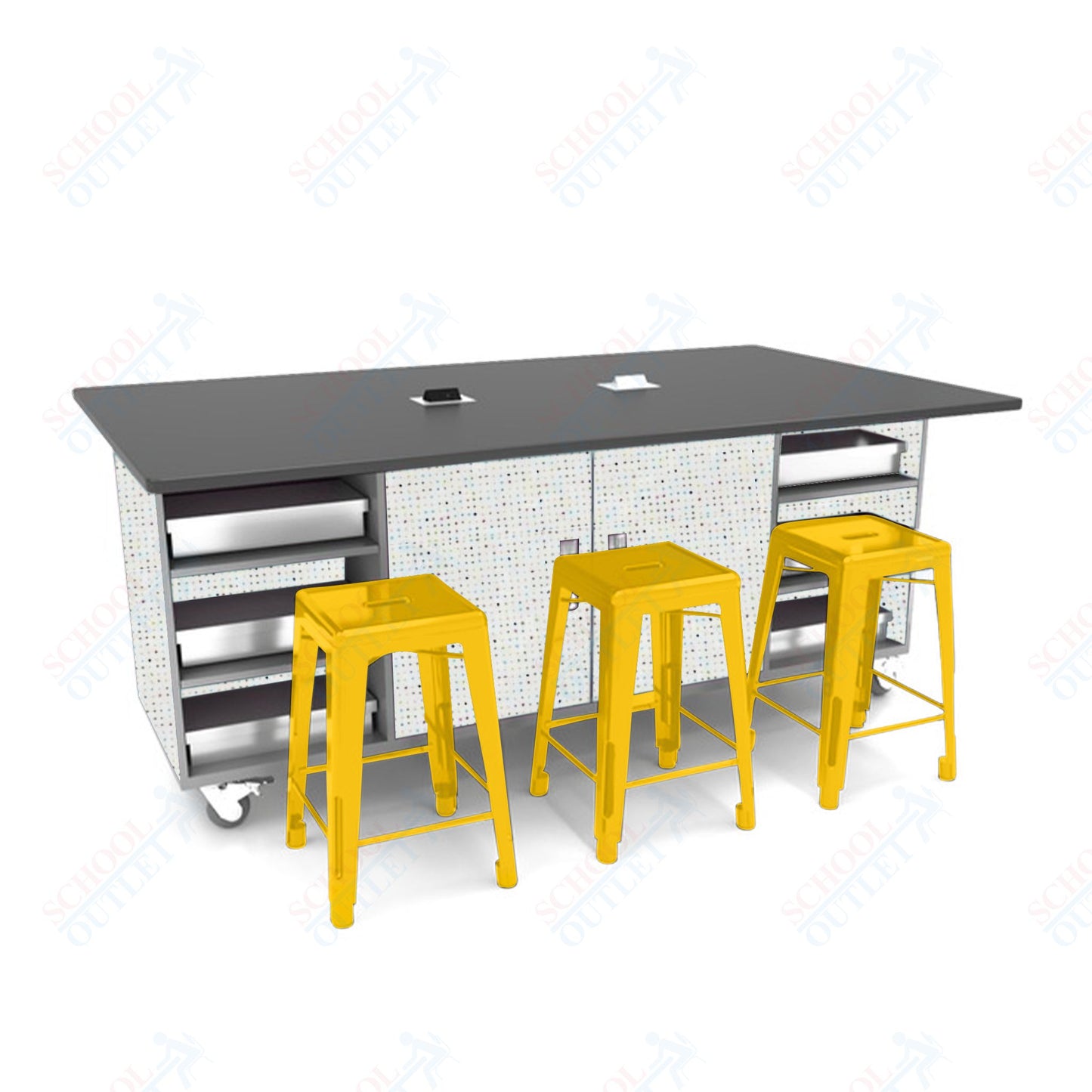 CEF ED Double Table 36"H Tough Top, Laminate Base with  6 Stools, Storage bins, and Electrical Outlets Included.