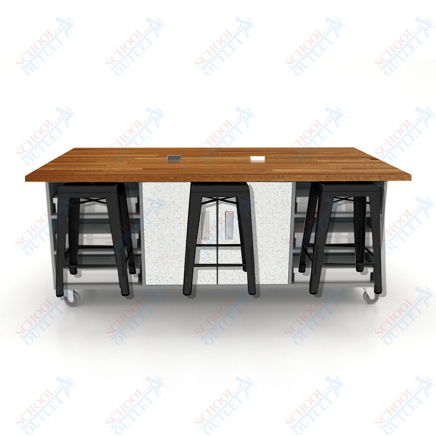 CEF ED Double Table 36"H Butcher Block Top, Laminate Base with  6 Stools, Storage bins, and Electrical Outlets Included.