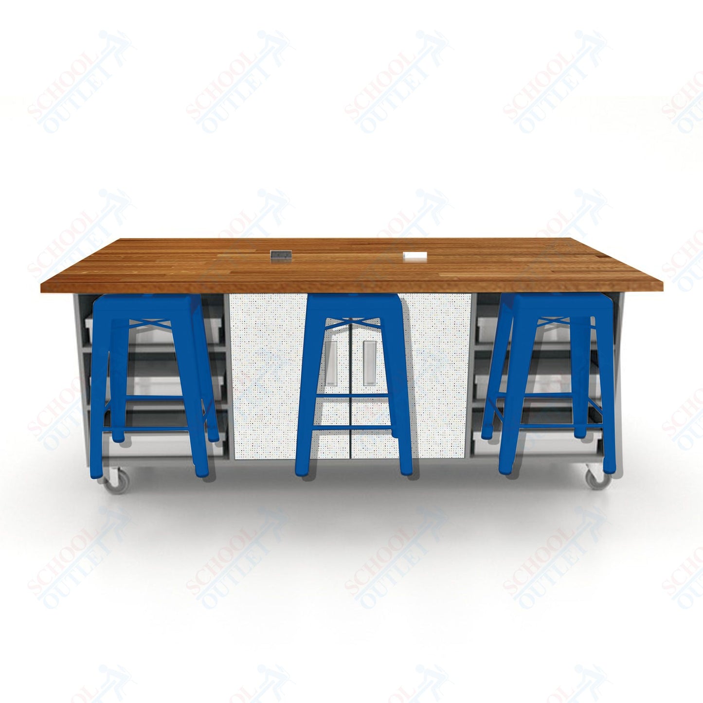 CEF ED Double Table 36"H Butcher Block Top, Laminate Base with  6 Stools, Storage bins, and Electrical Outlets Included.