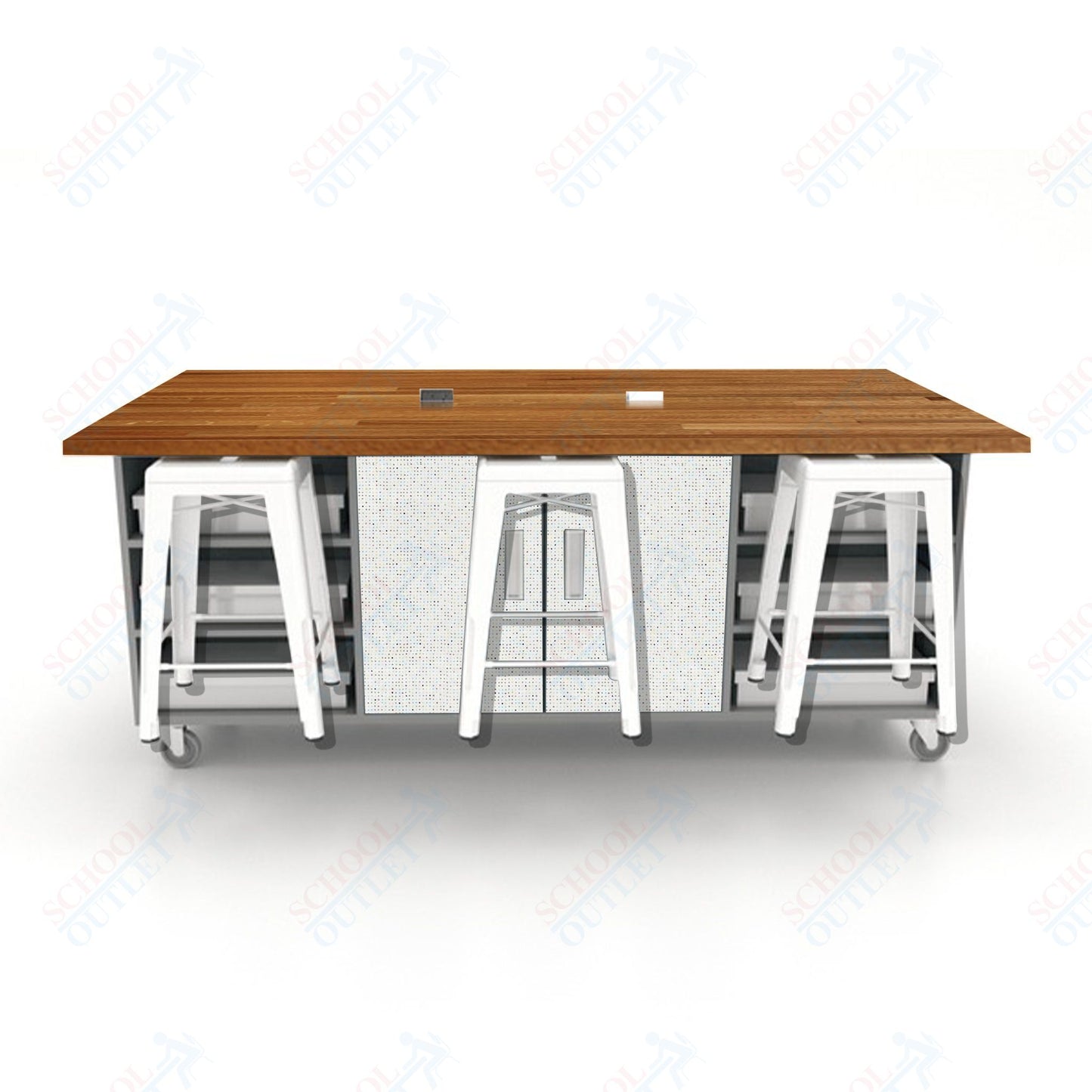 CEF ED Double Table 36"H Butcher Block Top, Laminate Base with  6 Stools, Storage bins, and Electrical Outlets Included.