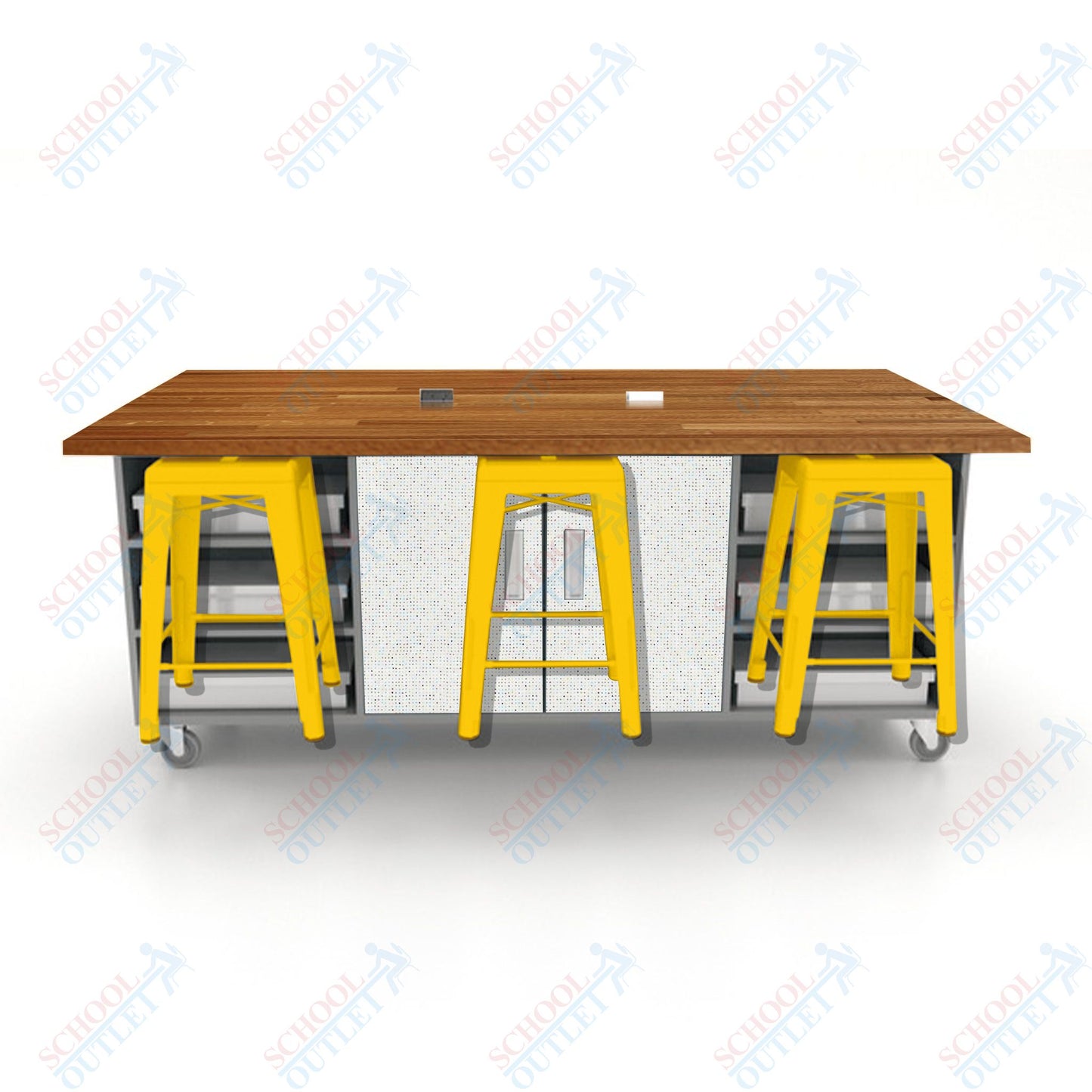 CEF ED Double Table 36"H Butcher Block Top, Laminate Base with  6 Stools, Storage bins, and Electrical Outlets Included.