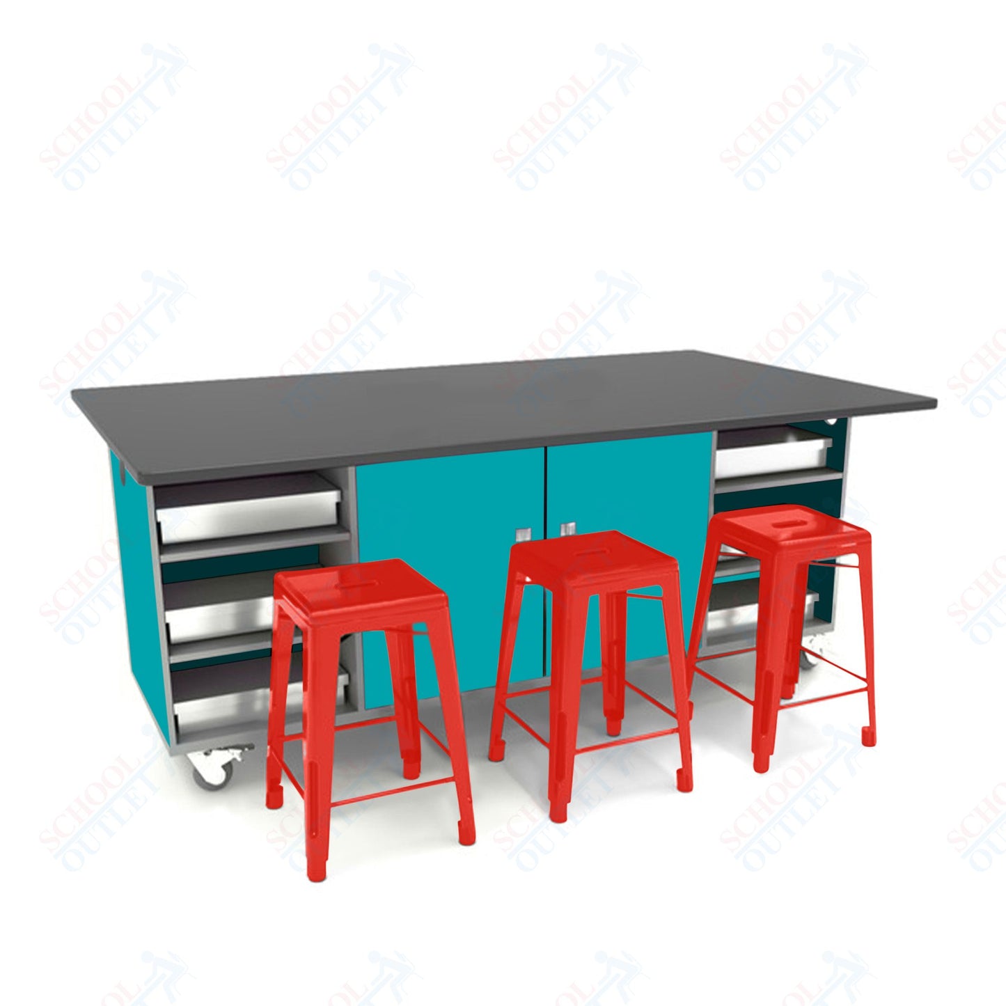 CEF ED Double Table 36"H Chemical Resistant Top, Laminate Base with  6 Stools, Storage bins, and Electrical Outlets Included.