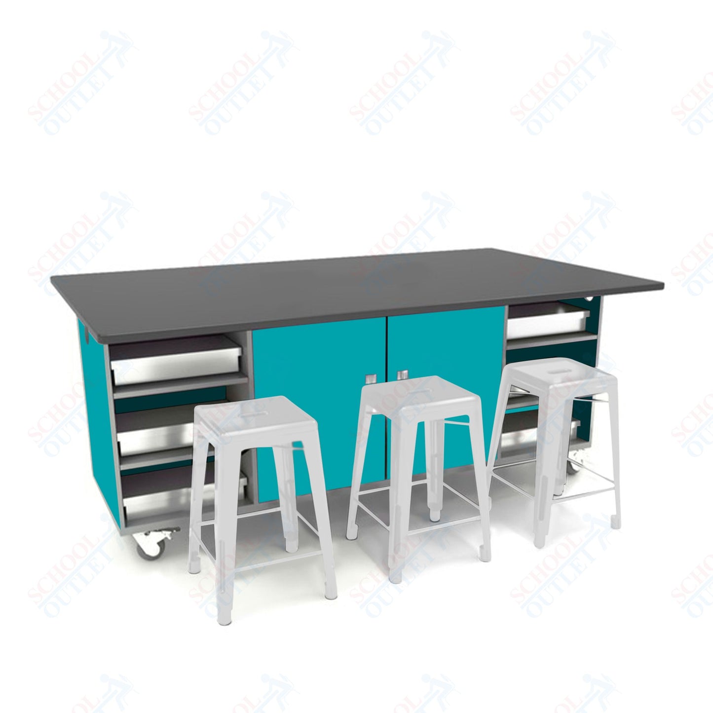 CEF ED Double Table 36"H Chemical Resistant Top, Laminate Base with  6 Stools, Storage bins, and Electrical Outlets Included.