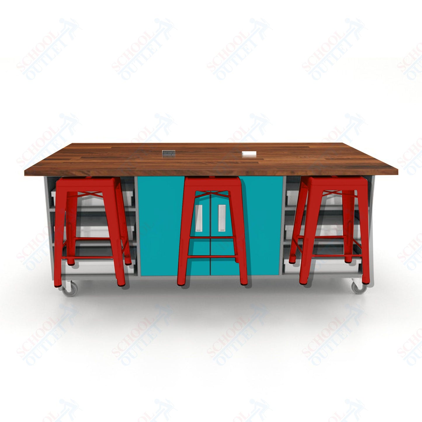 CEF ED Double Table 36"H Butcher Block Top, Laminate Base with  6 Stools, Storage bins, and Electrical Outlets Included.