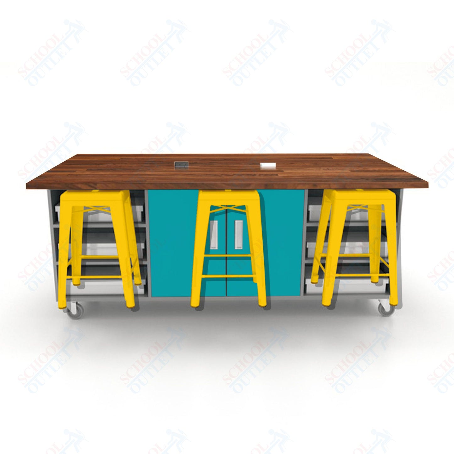 CEF ED Double Table 36"H Butcher Block Top, Laminate Base with  6 Stools, Storage bins, and Electrical Outlets Included.