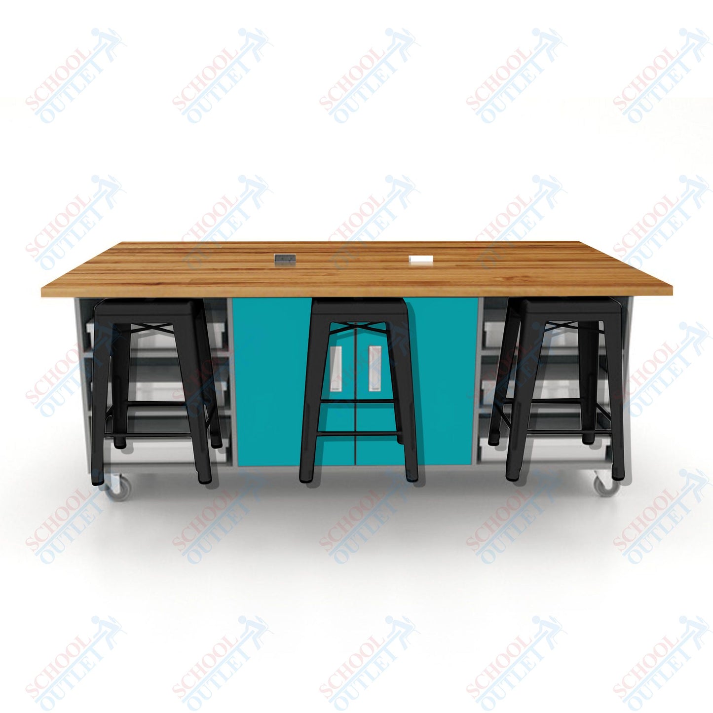 CEF ED Double Table 36"H Butcher Block Top, Laminate Base with  6 Stools, Storage bins, and Electrical Outlets Included.