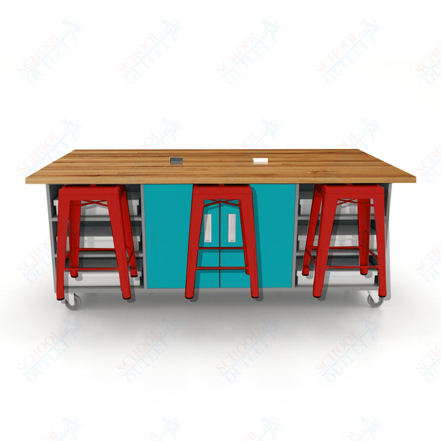 CEF ED Double Table 36"H Butcher Block Top, Laminate Base with  6 Stools, Storage bins, and Electrical Outlets Included.