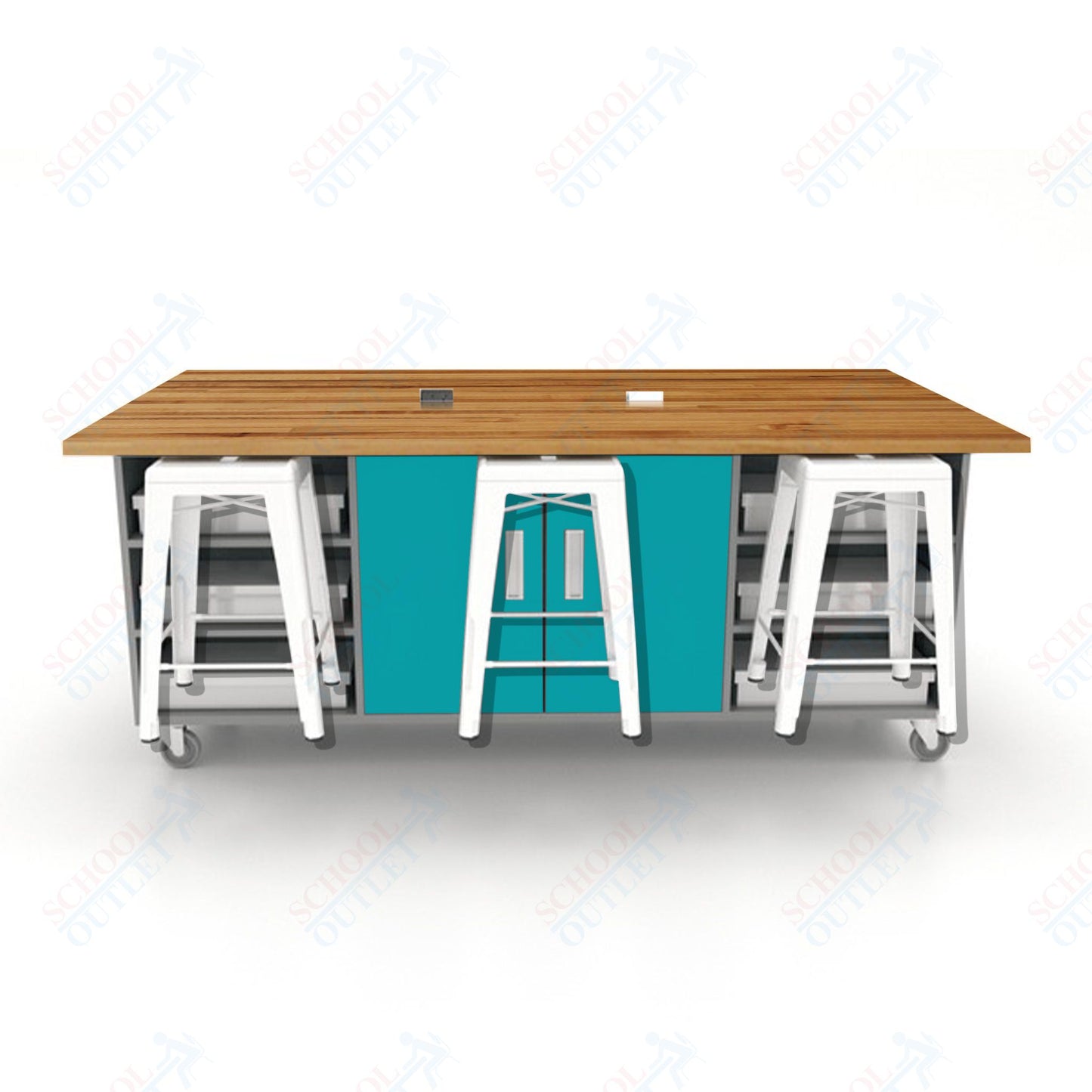 CEF ED Double Table 36"H Butcher Block Top, Laminate Base with  6 Stools, Storage bins, and Electrical Outlets Included.