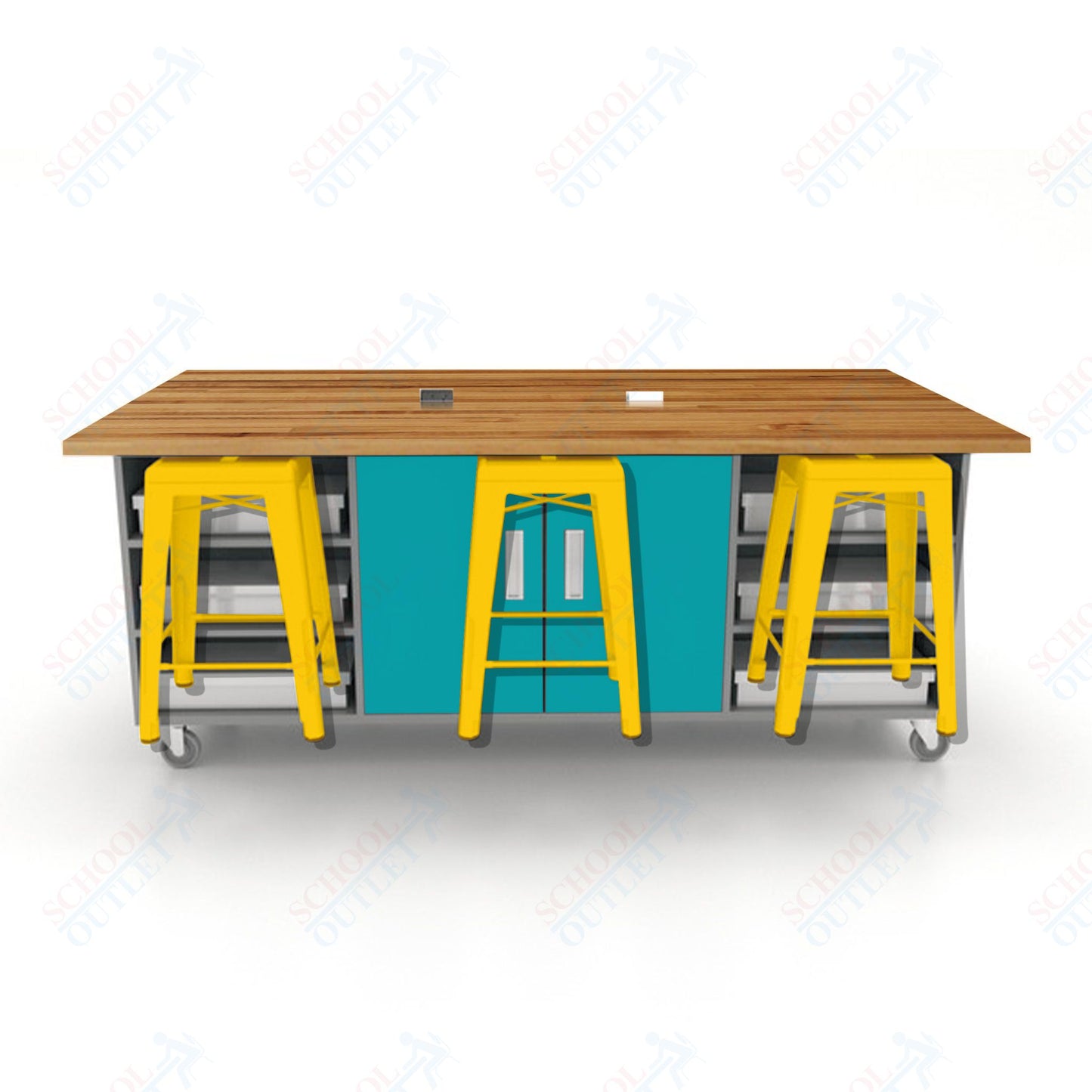 CEF ED Double Table 36"H Butcher Block Top, Laminate Base with  6 Stools, Storage bins, and Electrical Outlets Included.