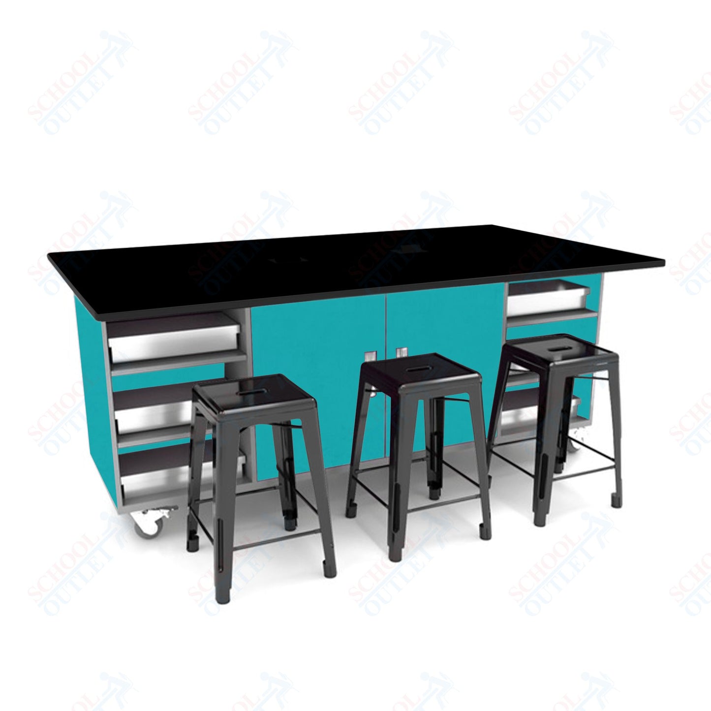 CEF ED Double Table 36"H Tough Top, Laminate Base with  6 Stools, Storage bins, and Electrical Outlets Included.