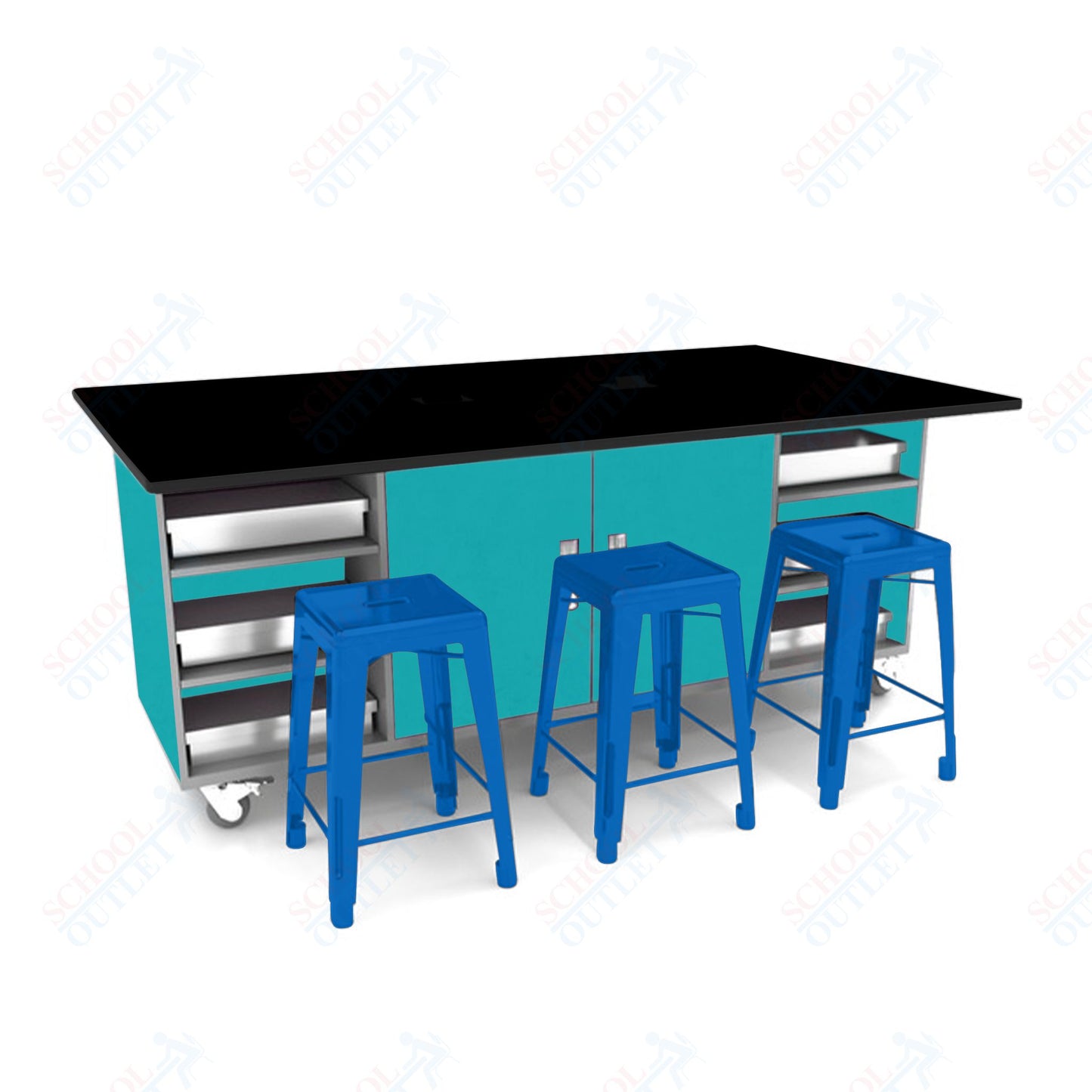 CEF ED Double Table 36"H Tough Top, Laminate Base with  6 Stools, Storage bins, and Electrical Outlets Included.