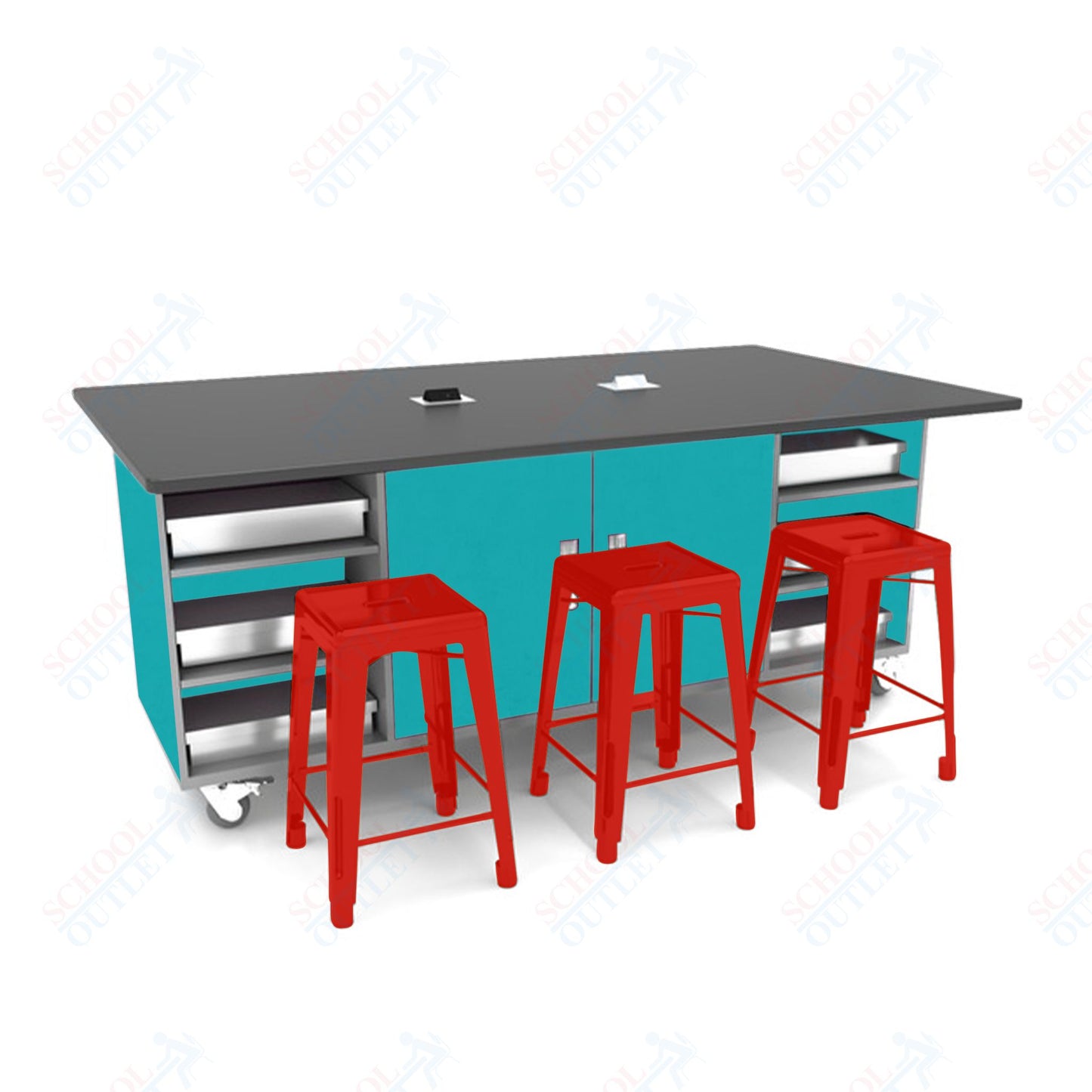 CEF ED Double Table 36"H Tough Top, Laminate Base with  6 Stools, Storage bins, and Electrical Outlets Included.