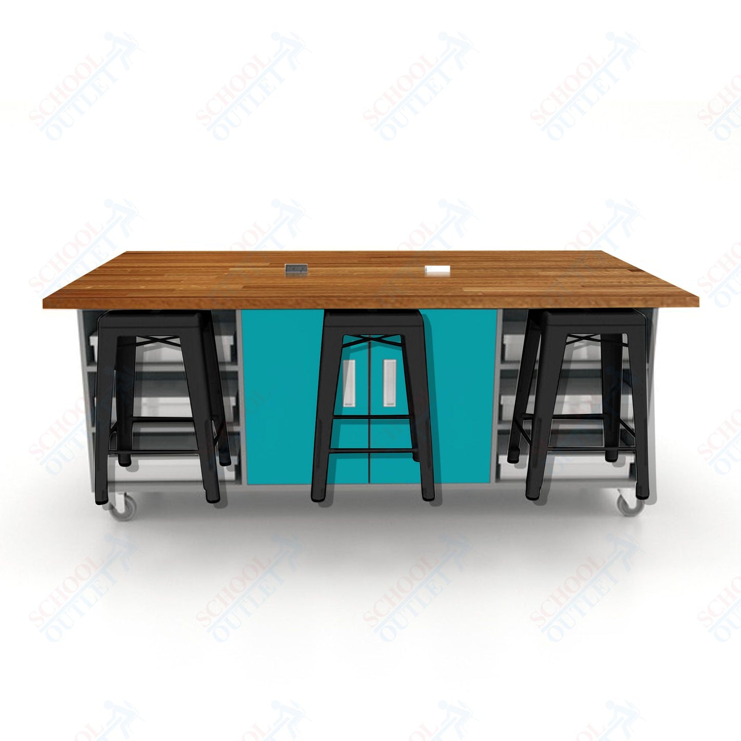 CEF ED Double Table 36"H Butcher Block Top, Laminate Base with  6 Stools, Storage bins, and Electrical Outlets Included.