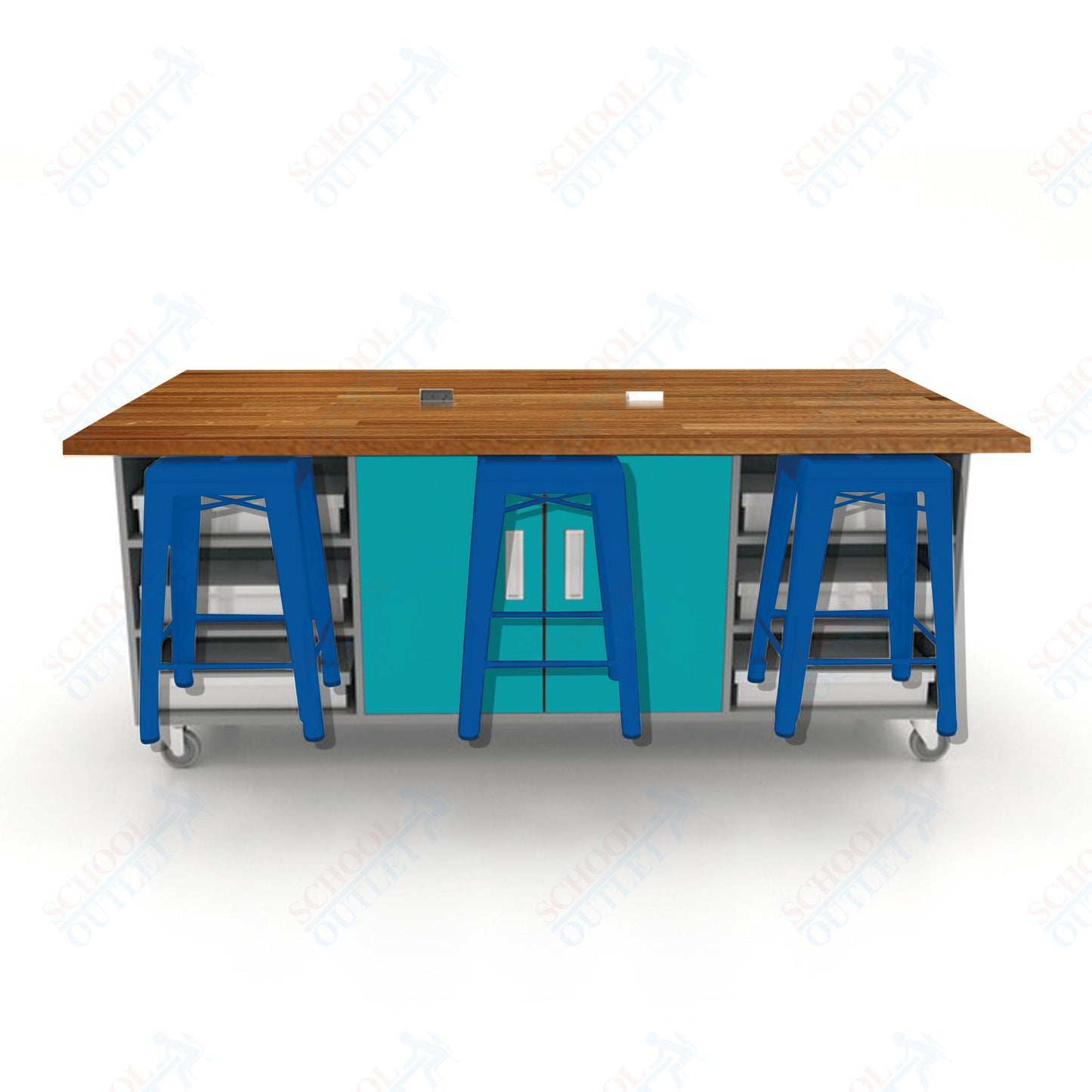 CEF ED Double Table 36"H Butcher Block Top, Laminate Base with  6 Stools, Storage bins, and Electrical Outlets Included.