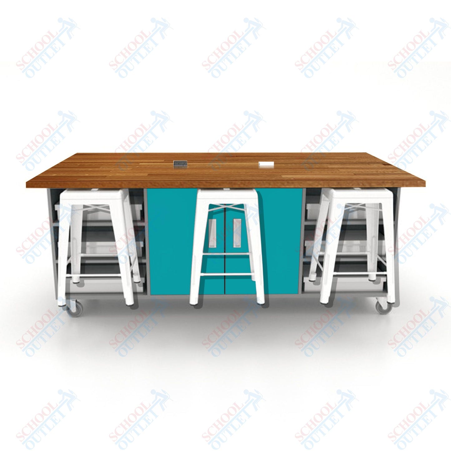 CEF ED Double Table 36"H Butcher Block Top, Laminate Base with  6 Stools, Storage bins, and Electrical Outlets Included.