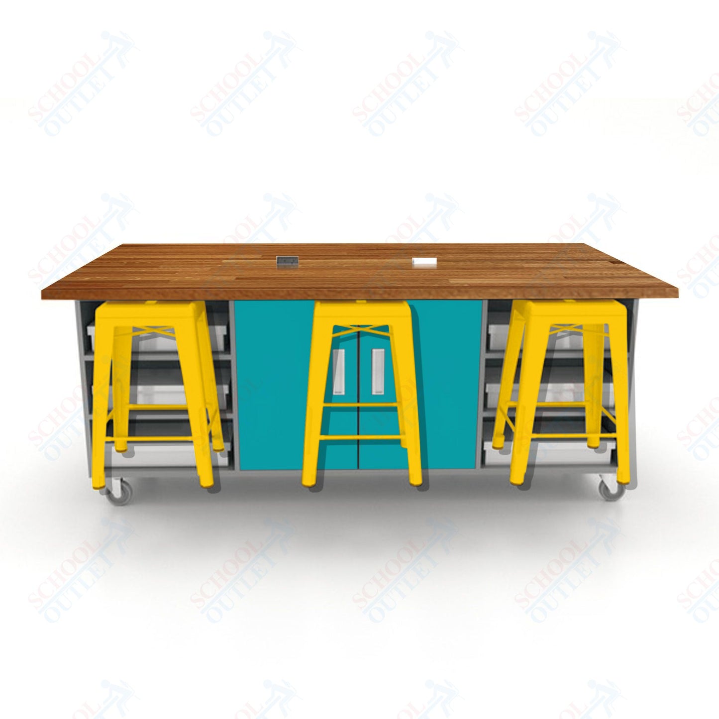 CEF ED Double Table 36"H Butcher Block Top, Laminate Base with  6 Stools, Storage bins, and Electrical Outlets Included.