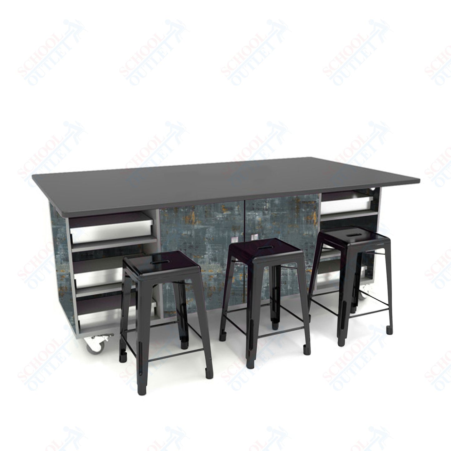 CEF ED Double Table 36"H Chemical Resistant Top, Laminate Base with  6 Stools, Storage bins, and Electrical Outlets Included.